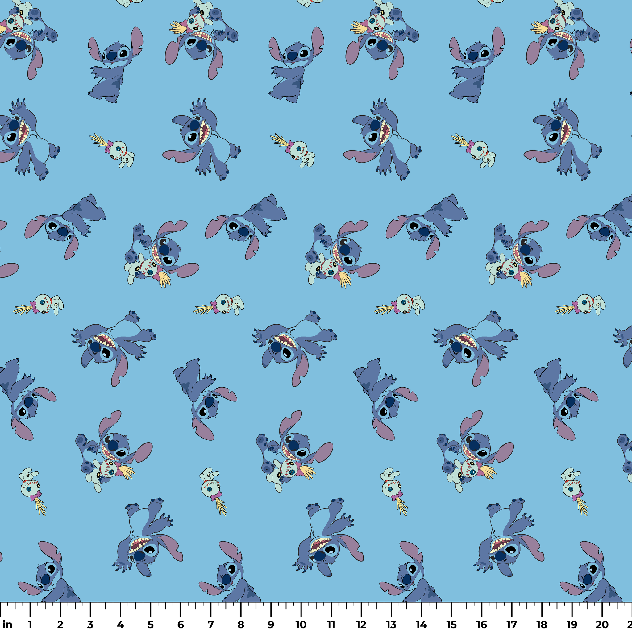 Disney’s Stitch and Scrump in various playful poses scattered across a light blue background with small tropical flowers. ruler