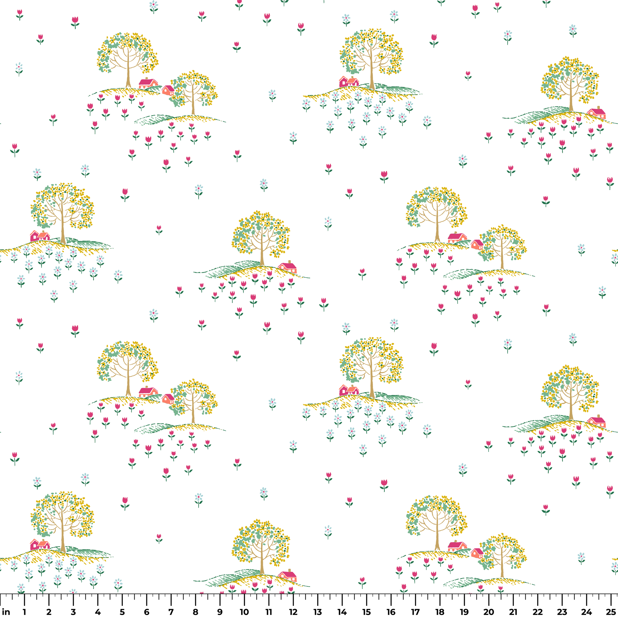 Whimsical pattern of colorful trees on small hills with scattered tiny flowers on a white background ruler