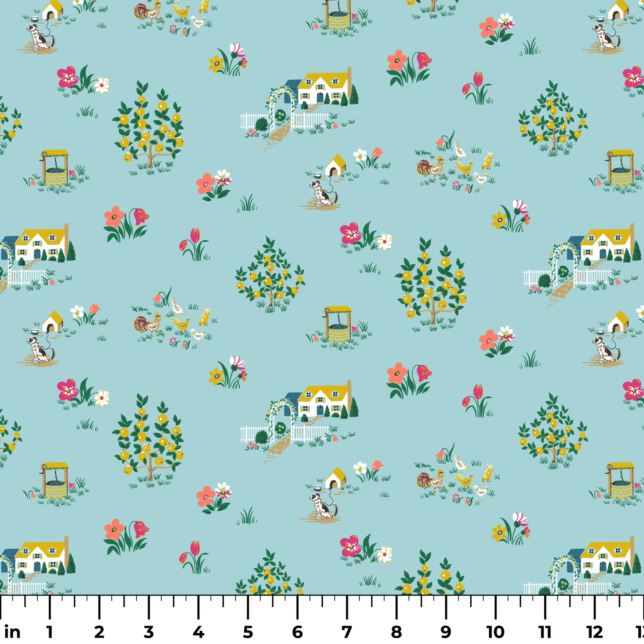 Whimsical light blue pattern with tiny cottages, tulips, and flower gardens in pastel colors ruler