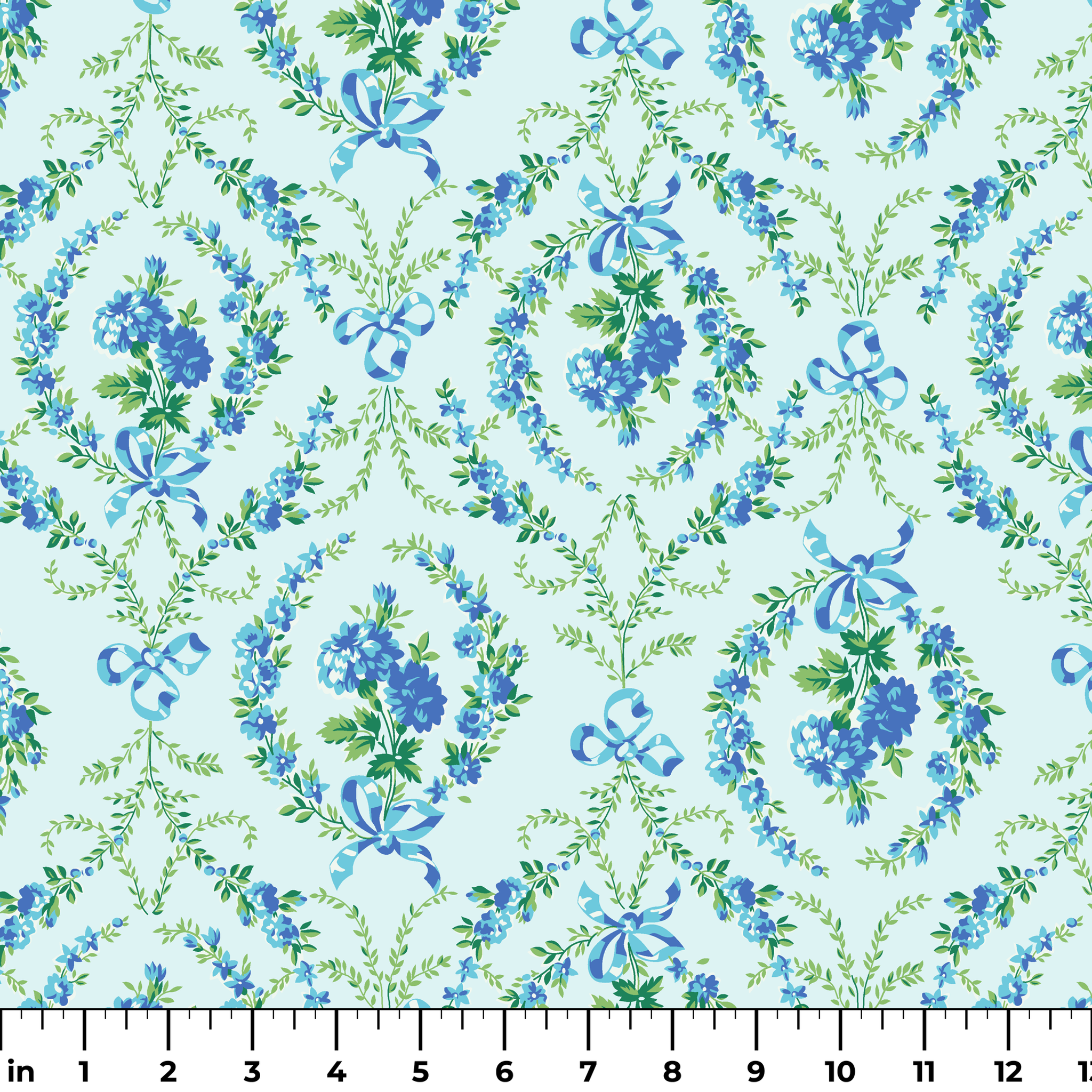 Blue floral pattern with diamond lattice design featuring delicate ribbons and green foliage on light background ruler