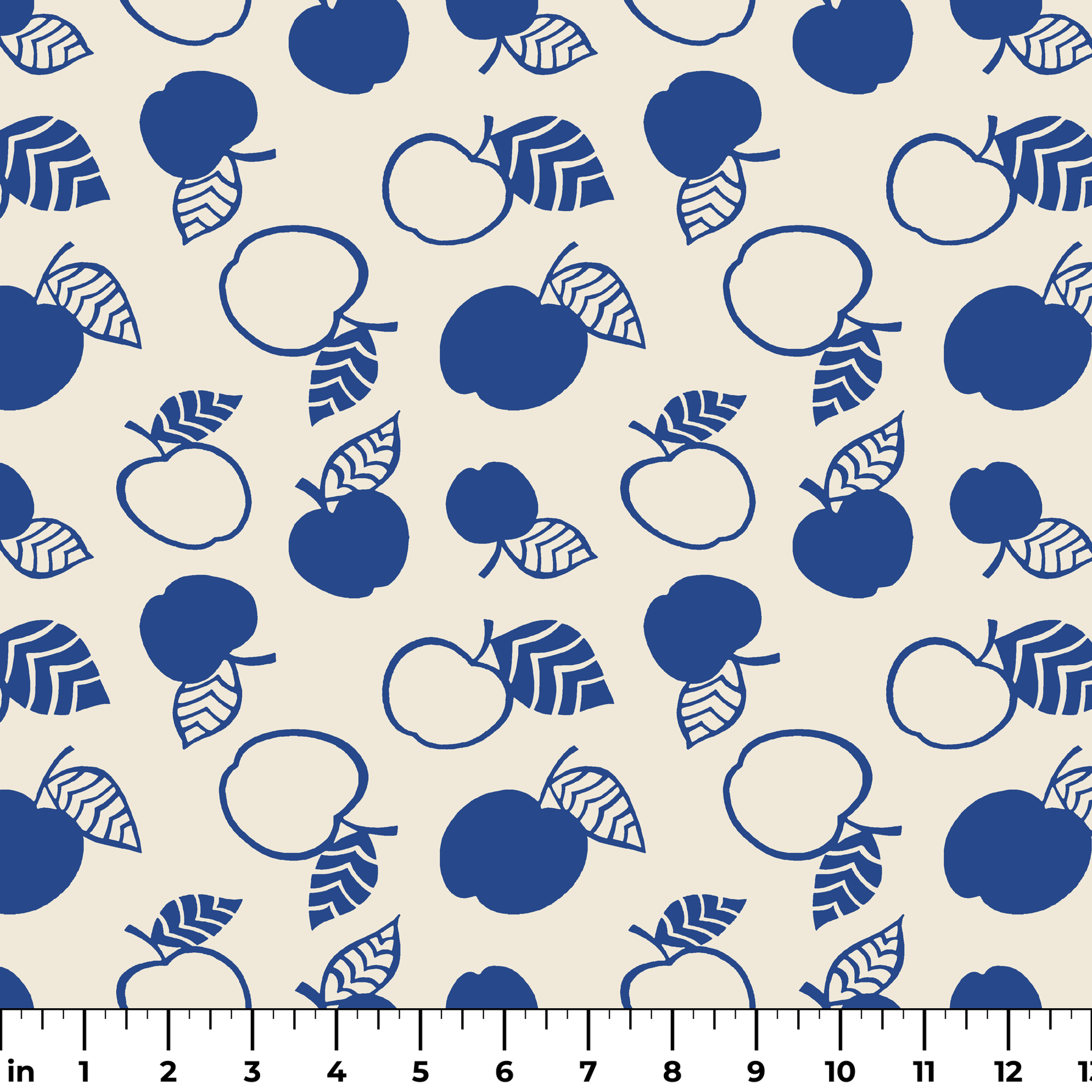 Blue apple illustrations and leaf outlines arranged in a scattered pattern on cream background. ruler