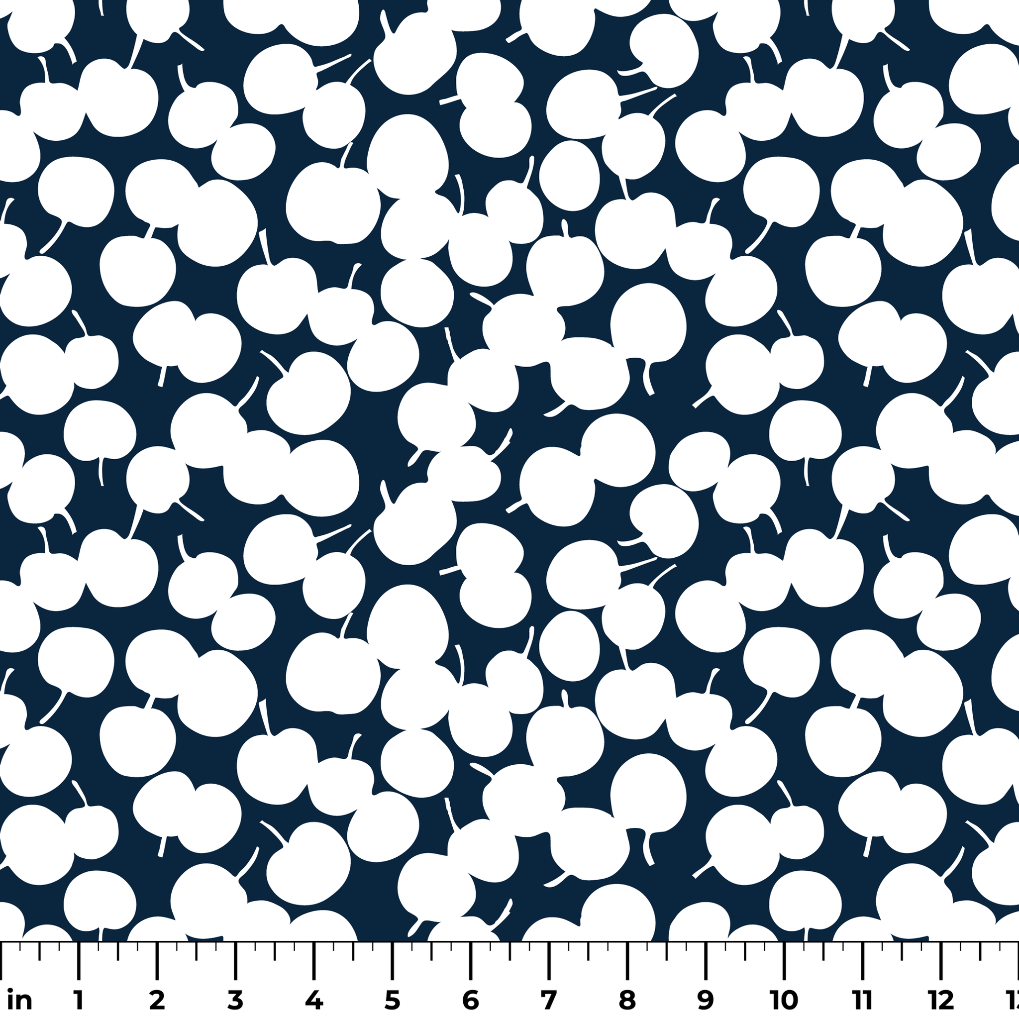 White cherry silhouettes scattered across a deep navy blue background in a playful pattern ruler
