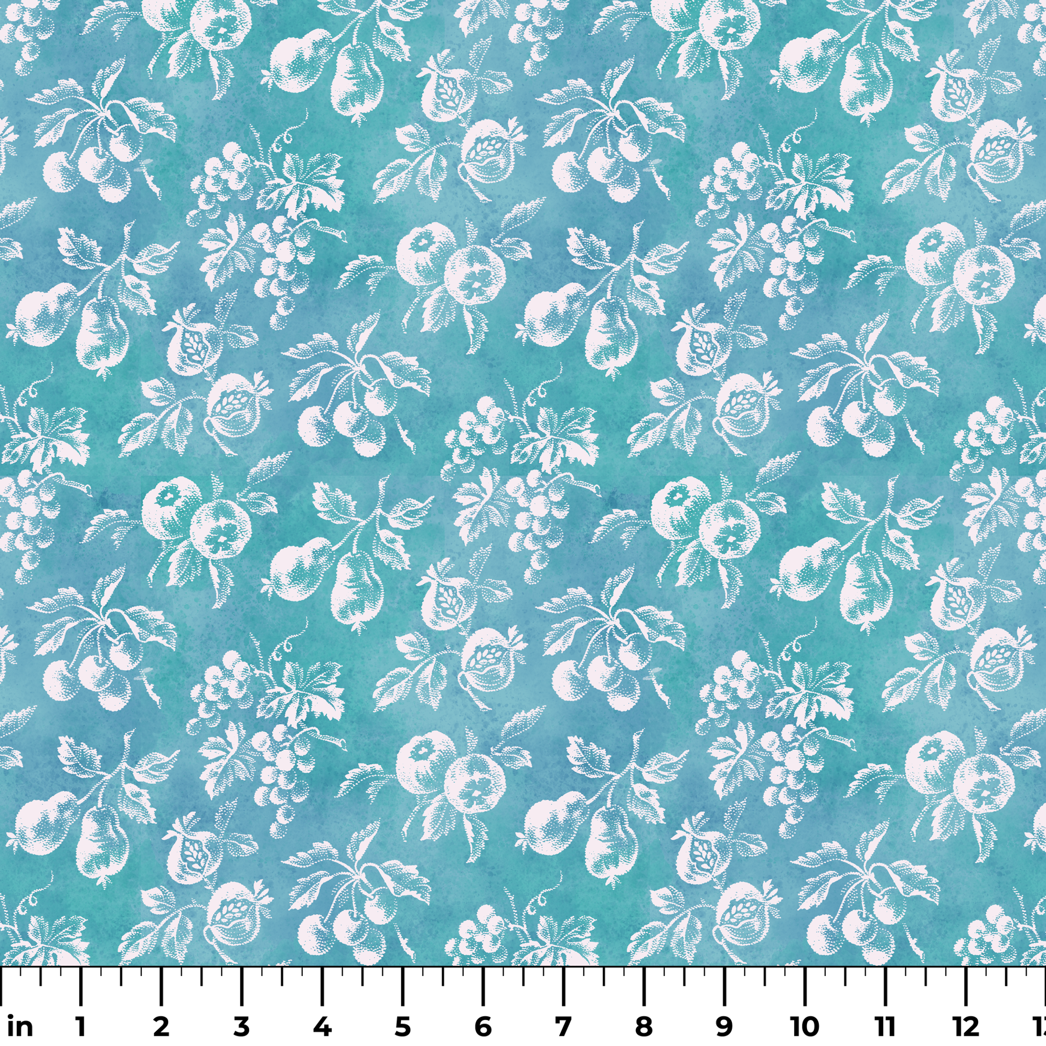 Teal background with white vintage fruit pattern featuring cherries, grapes, and pears ruler