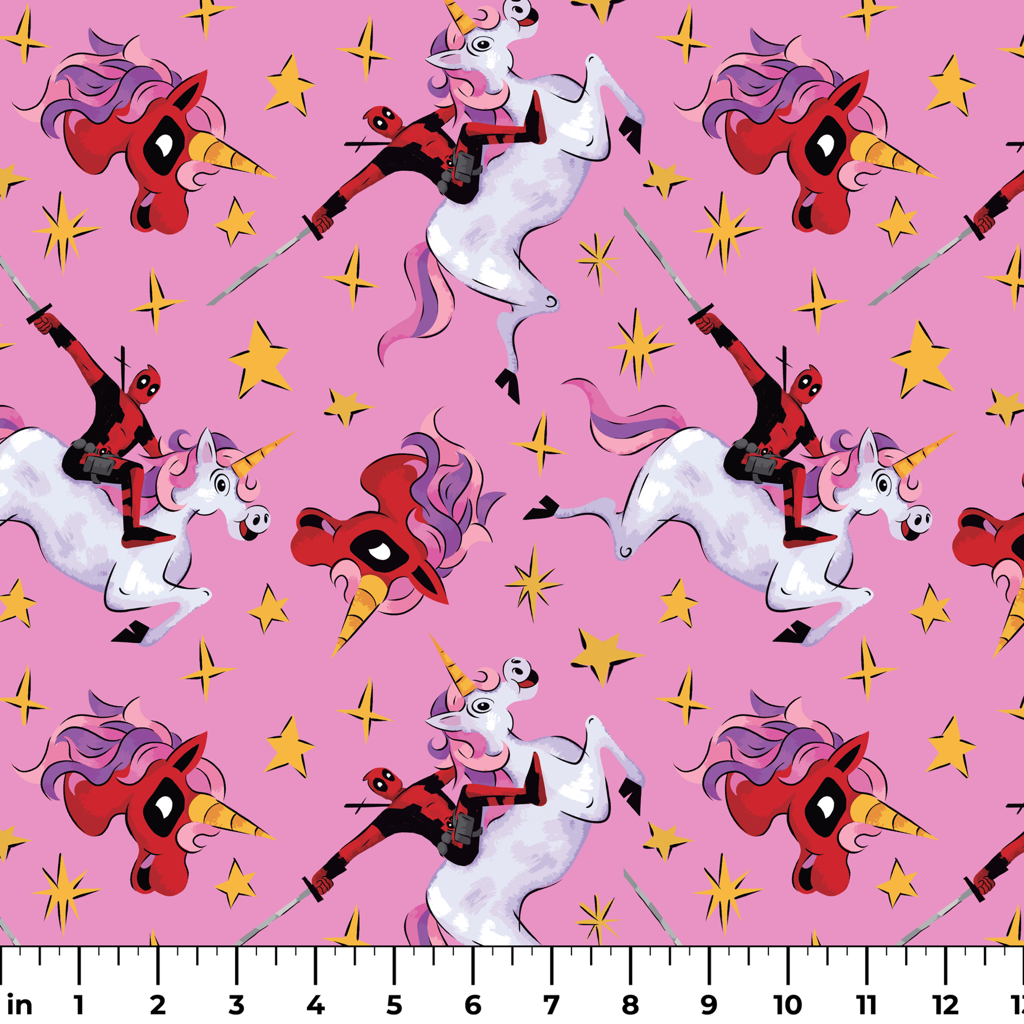 Cartoon character in red riding white unicorns with purple manes against pink starry background ruler