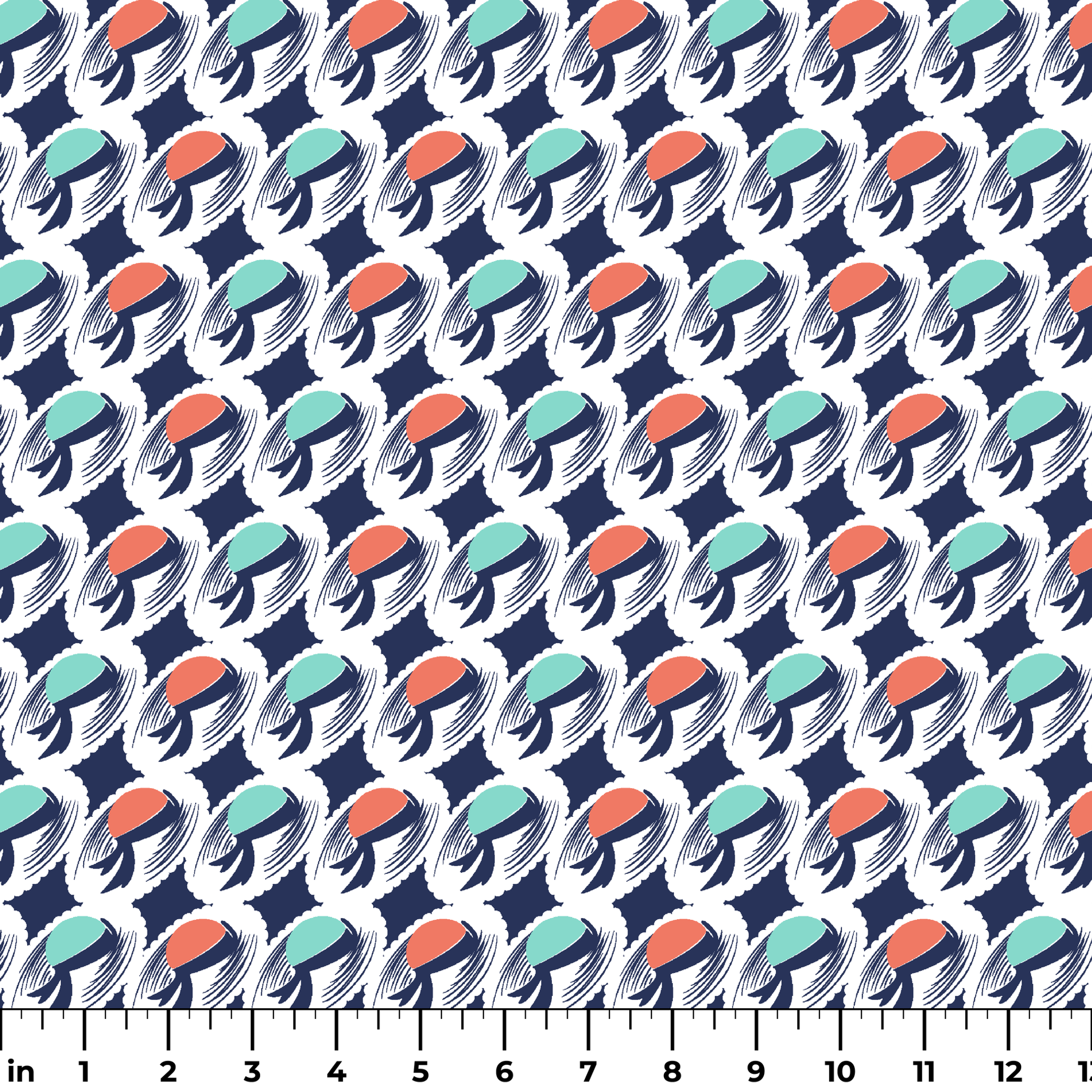 Abstract pattern with repeating mint green and coral circular shapes on navy background with white brushstroke details ruler