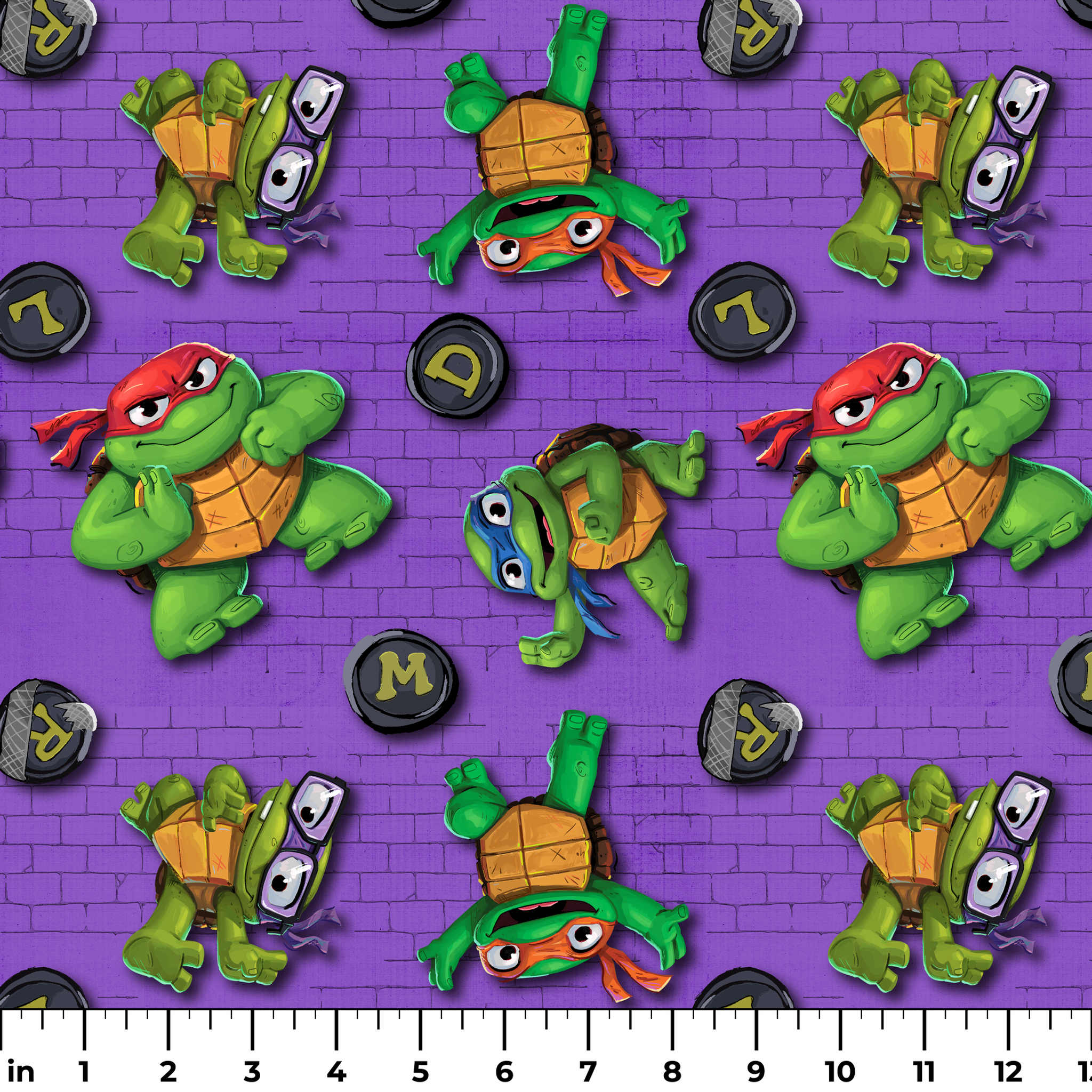 Teenage Mutant Ninja Turtles characters on a purple brick background with lettered manhole covers. ruler