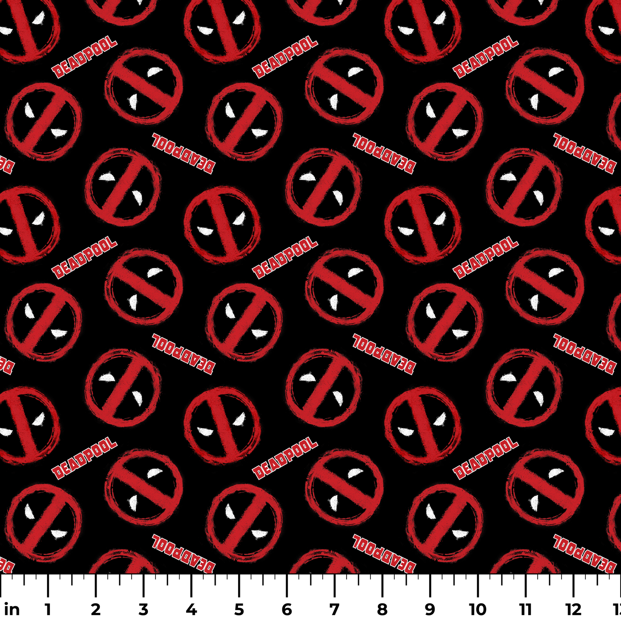 Deadpool logo pattern with red circular emblems featuring white eyes on black background ruler