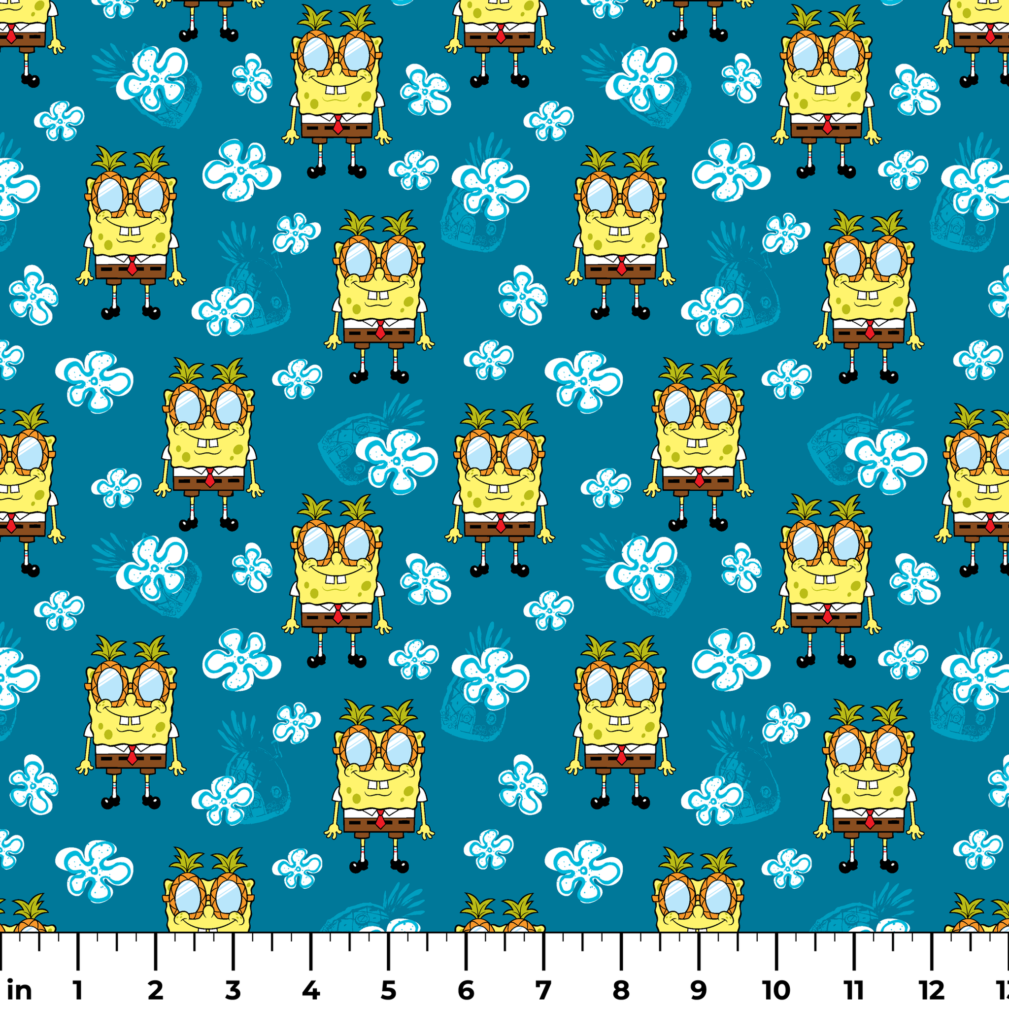 Yellow cartoon character with glasses on teal background with white flower pattern, repeating design ruler