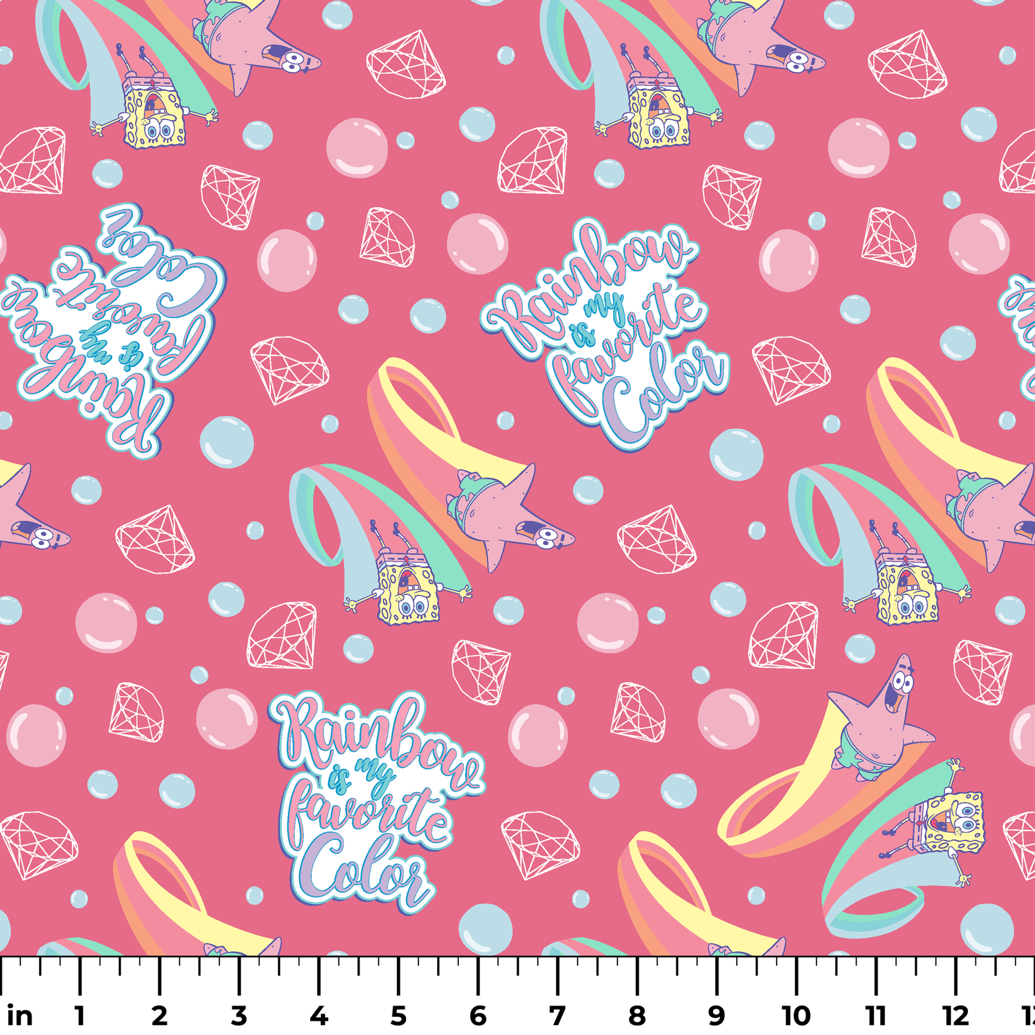 Patrick Star floats among pastel rainbows, bubbles, and gems on a pink background with the phrase “Rainbow is my favorite color” in a SpongeBob design ruler