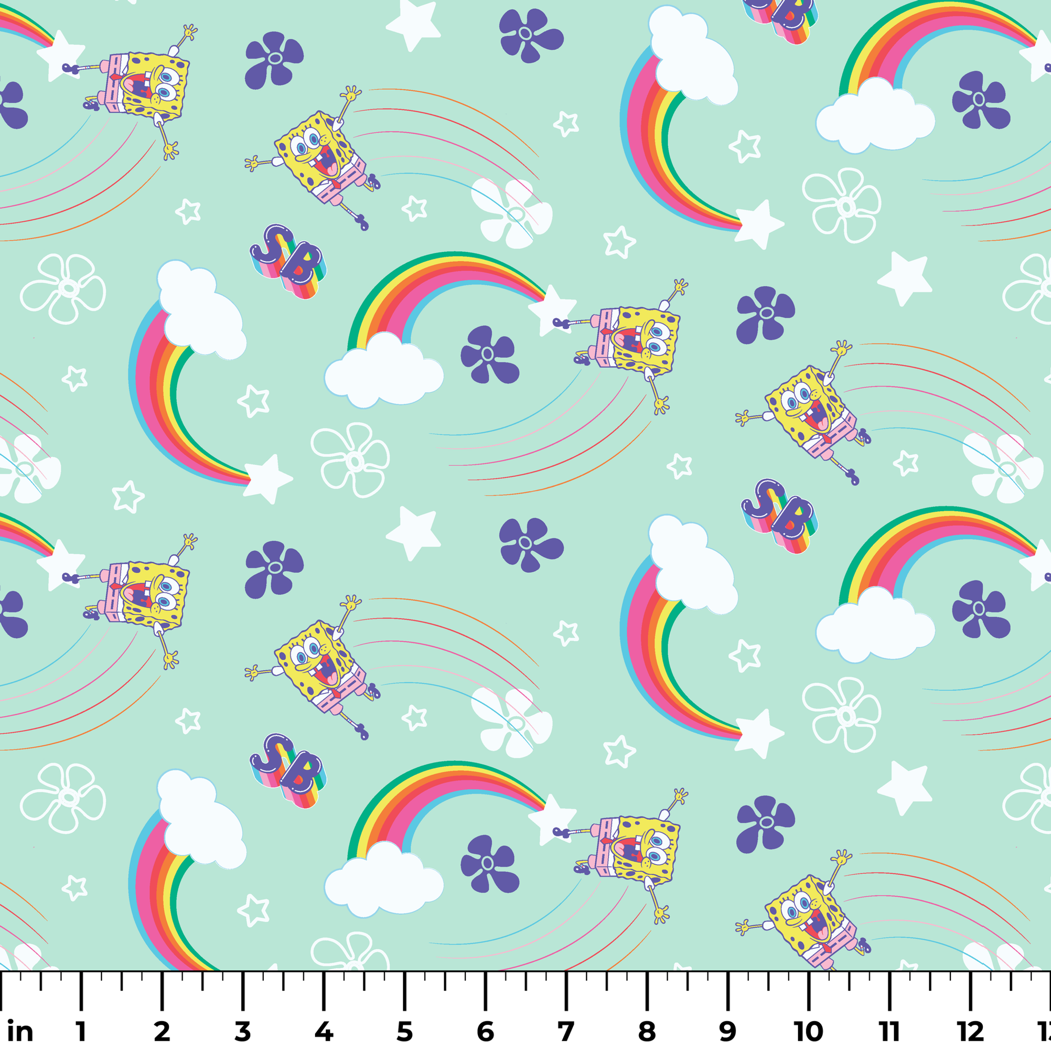 SpongeBob flying over rainbows with clouds, stars, and floral icons on a mint green background in a cheerful cartoon-style Nickelodeon design ruler
