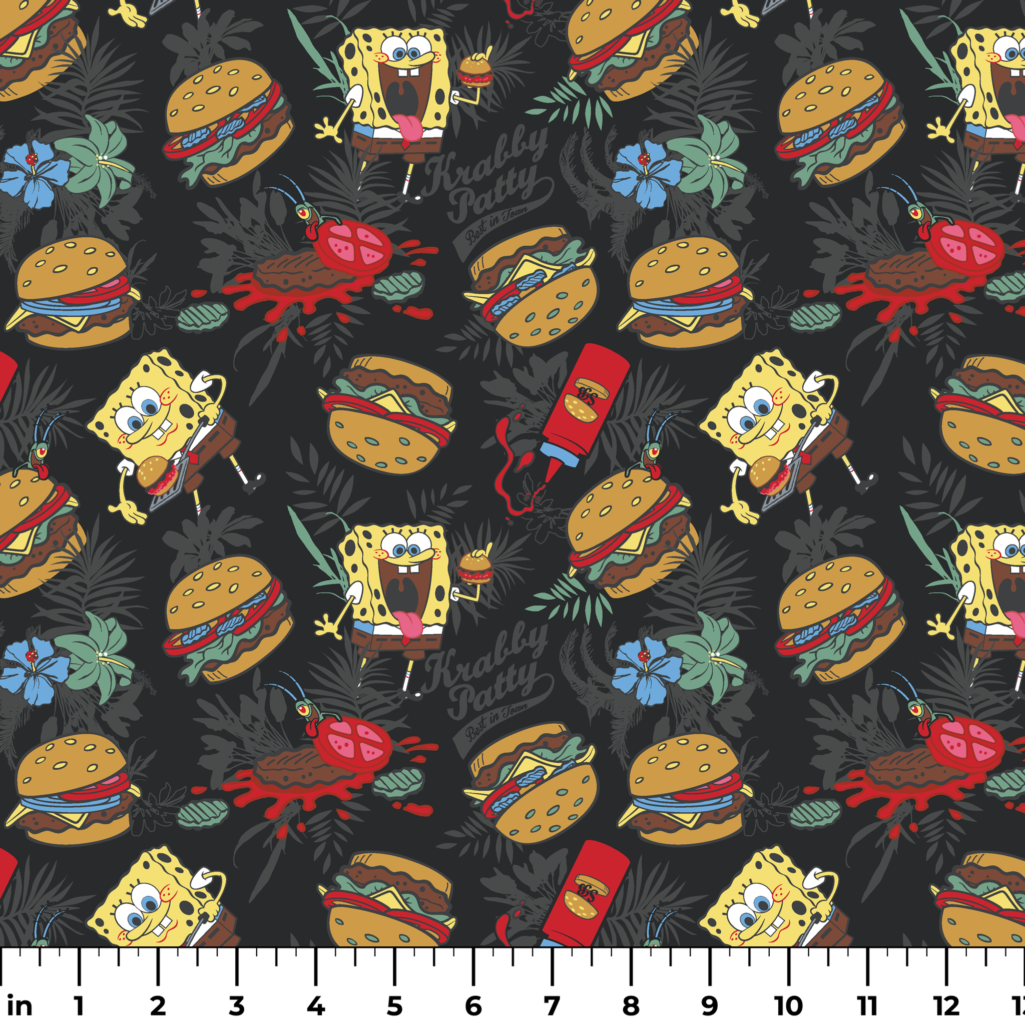 SpongeBob, Plankton, and Krabby Patties with tropical leaves and flowers on a black background in a bold character-themed design. ruler