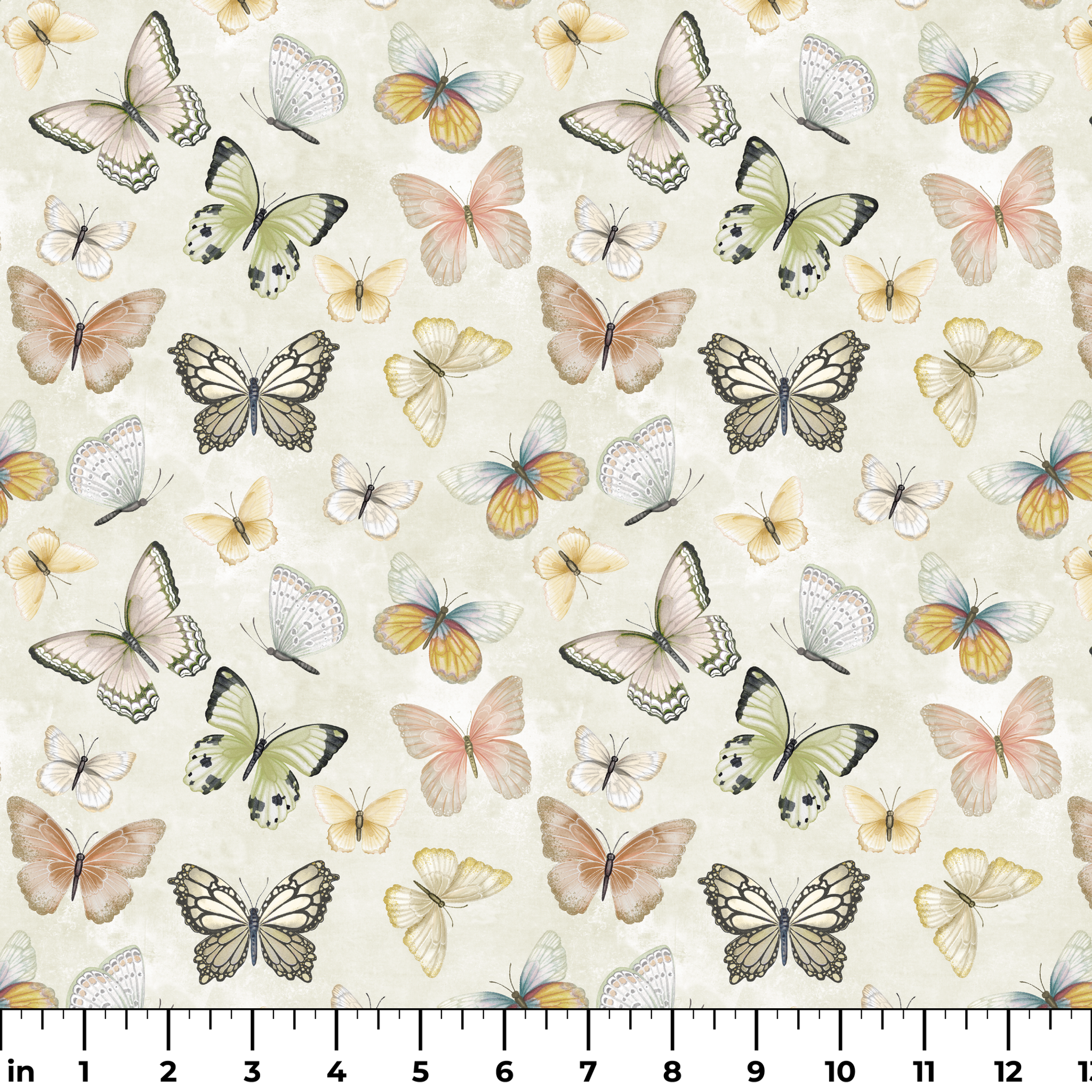 Hand-illustrated pastel butterflies in pink, blue, yellow, and sage on a cream background in a botanical-style Nicole Tamarin design. ruler
