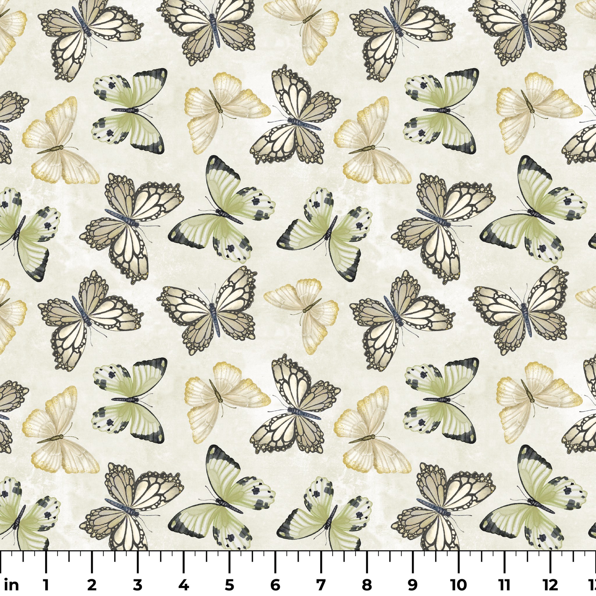 Illustrated butterfly pattern by Nicole Tamarin with soft sage green and neutral tones on a textured cream background. ruler