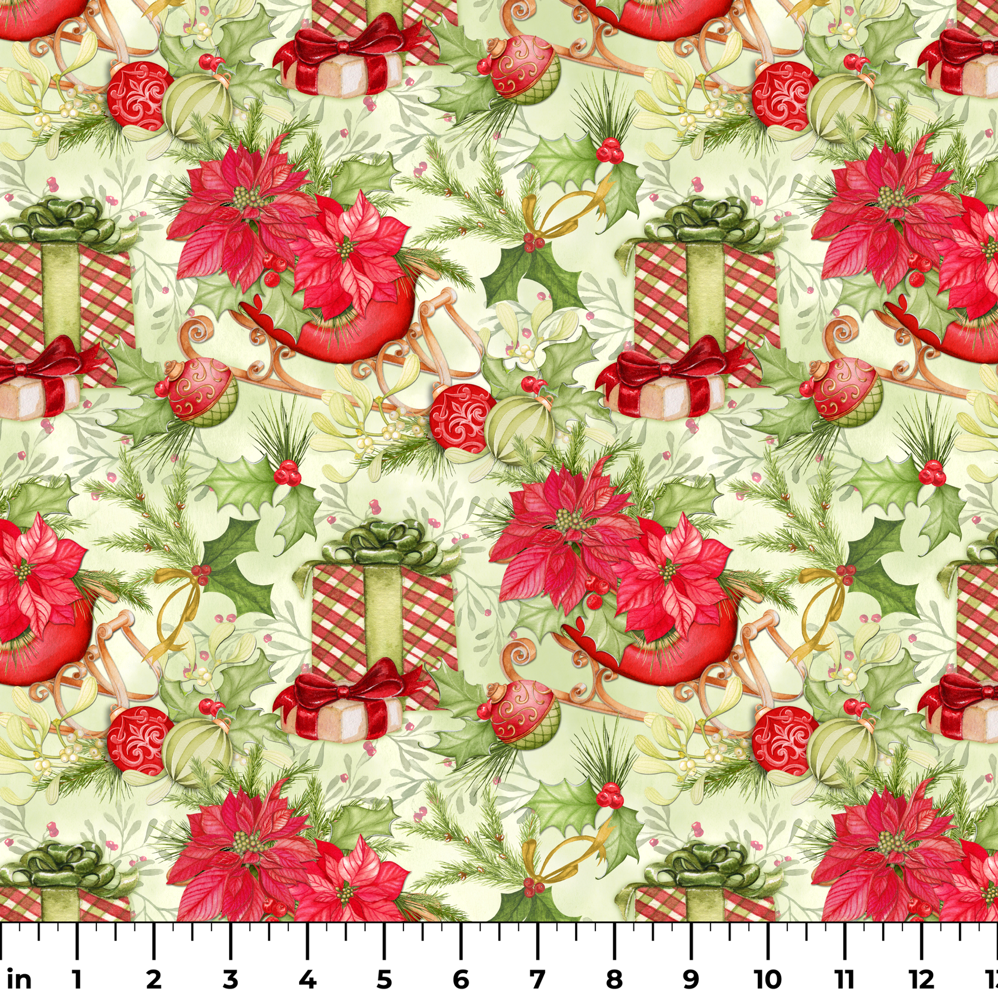 Christmas pattern with red poinsettias, vintage sleighs, wrapped gifts, holiday ornaments, and greenery in a festive toss by Nicole Tamarin. ruler