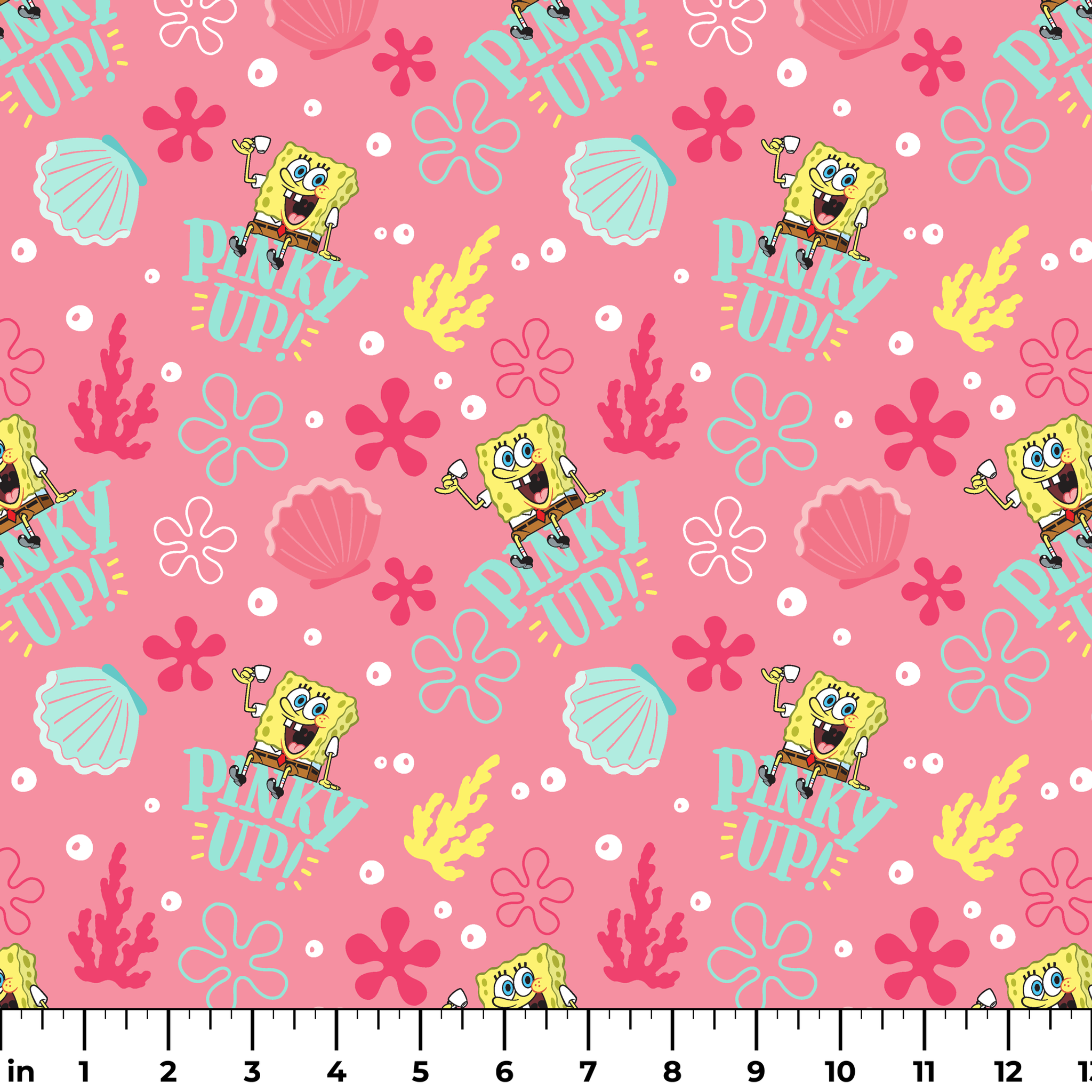 SpongeBob holding a teacup with “Pinky Up!” text, surrounded by sea shells, coral, and flower shapes on a pink background. ruler