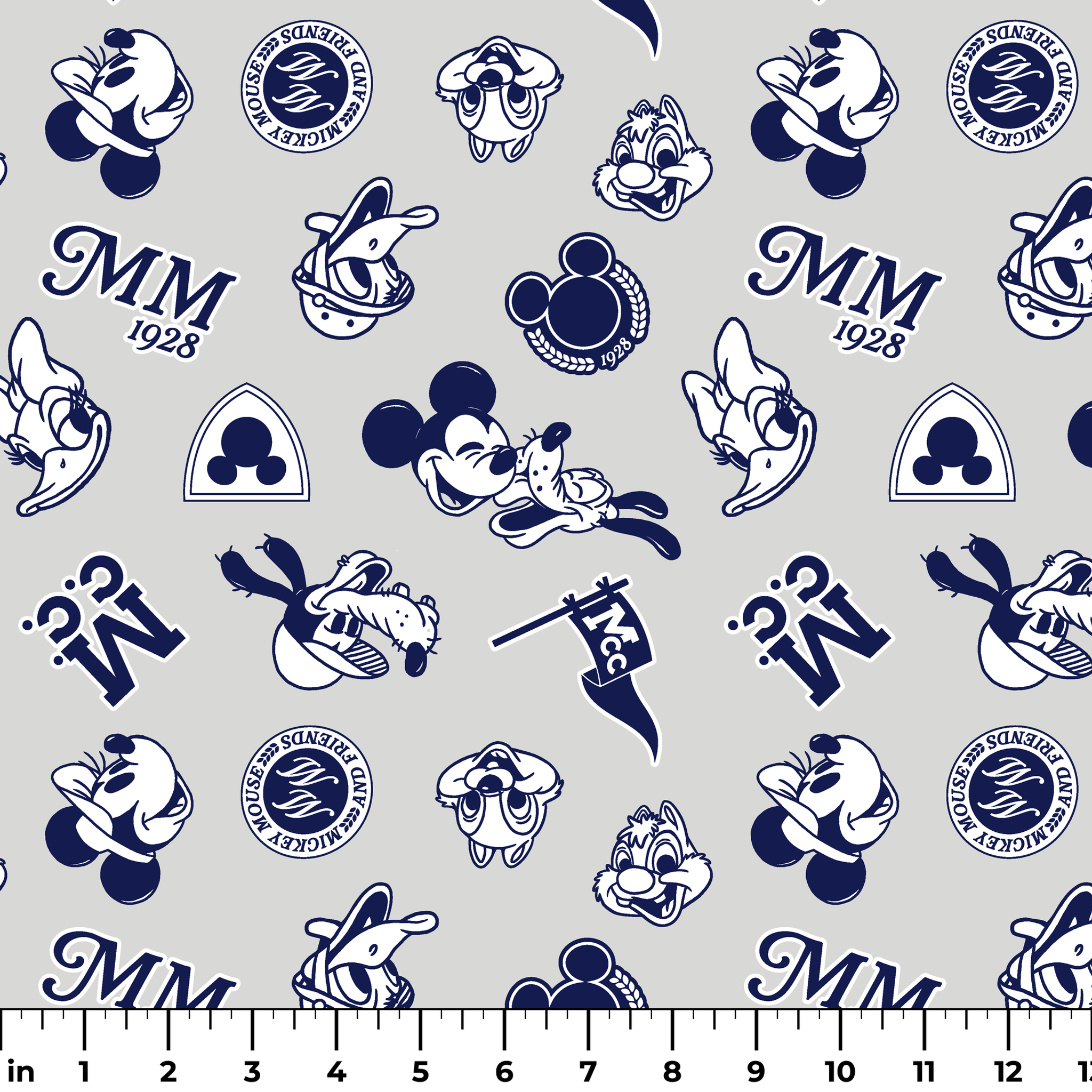 Disney character pattern with Mickey Mouse, Donald Duck and other classic cartoon figures in navy blue on light background. ruler