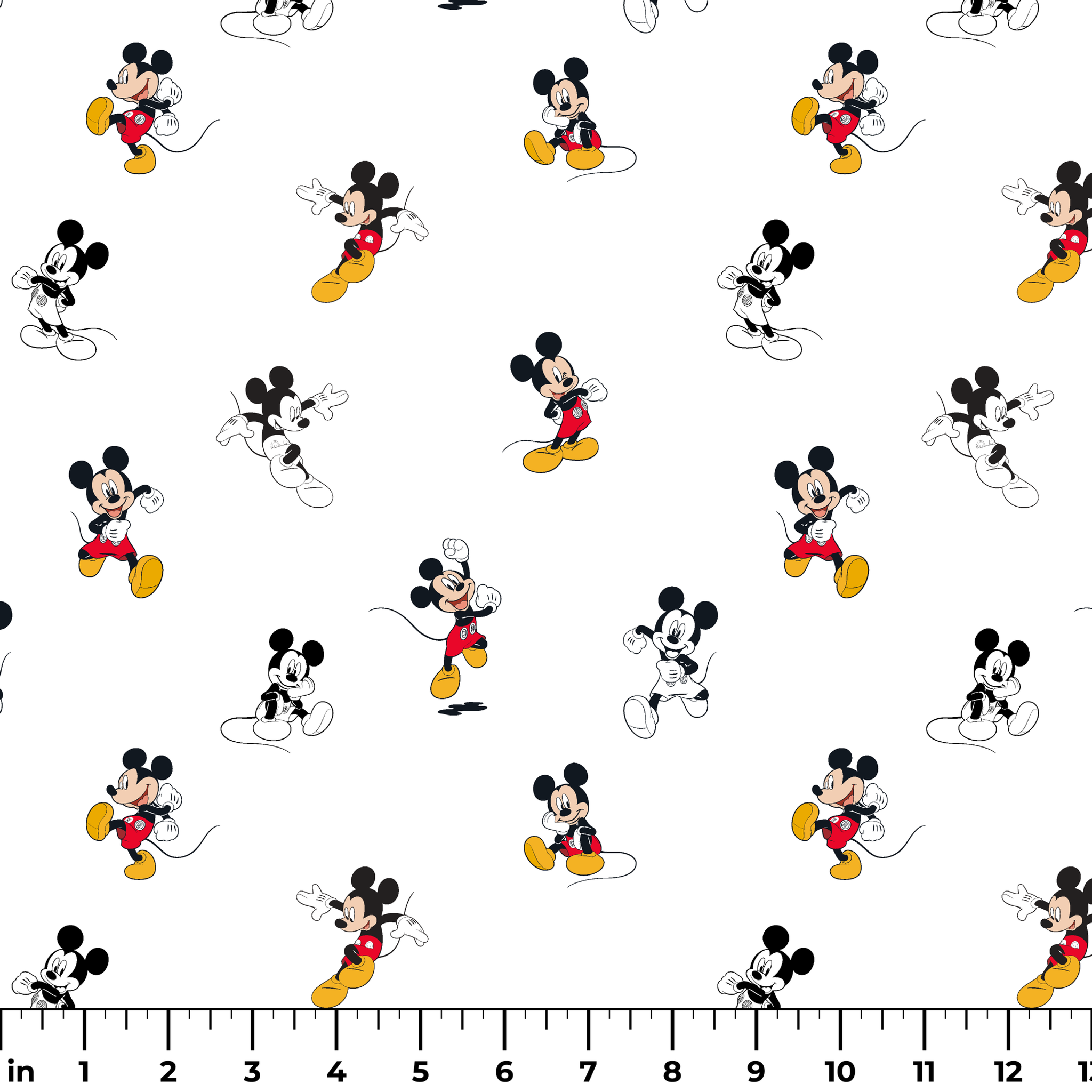 Repeating pattern of Mickey Mouse cartoon characters in various poses on white background ruler