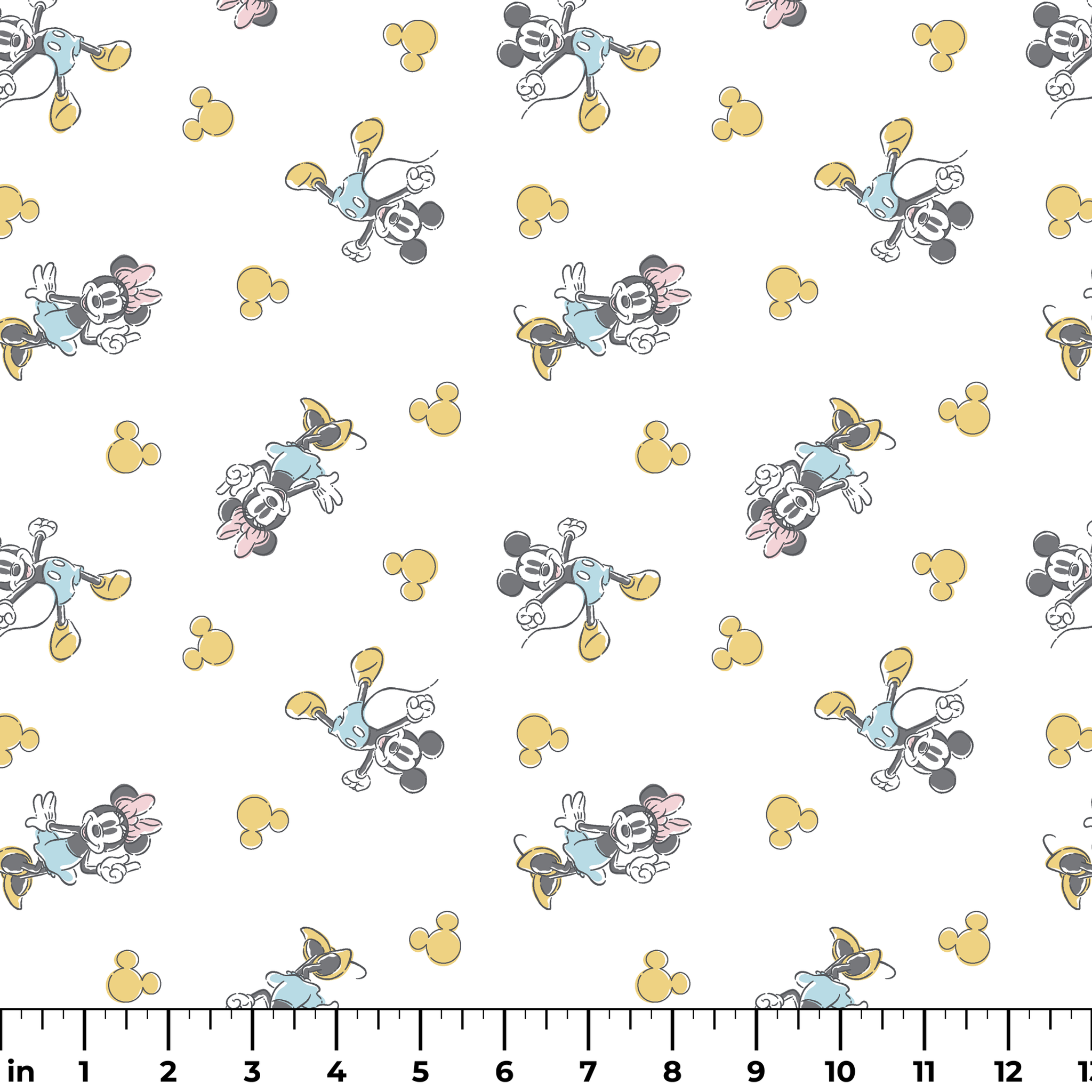 Mickey Mouse characters in light blue outfits scattered on white background with yellow Mickey silhouettes ruler