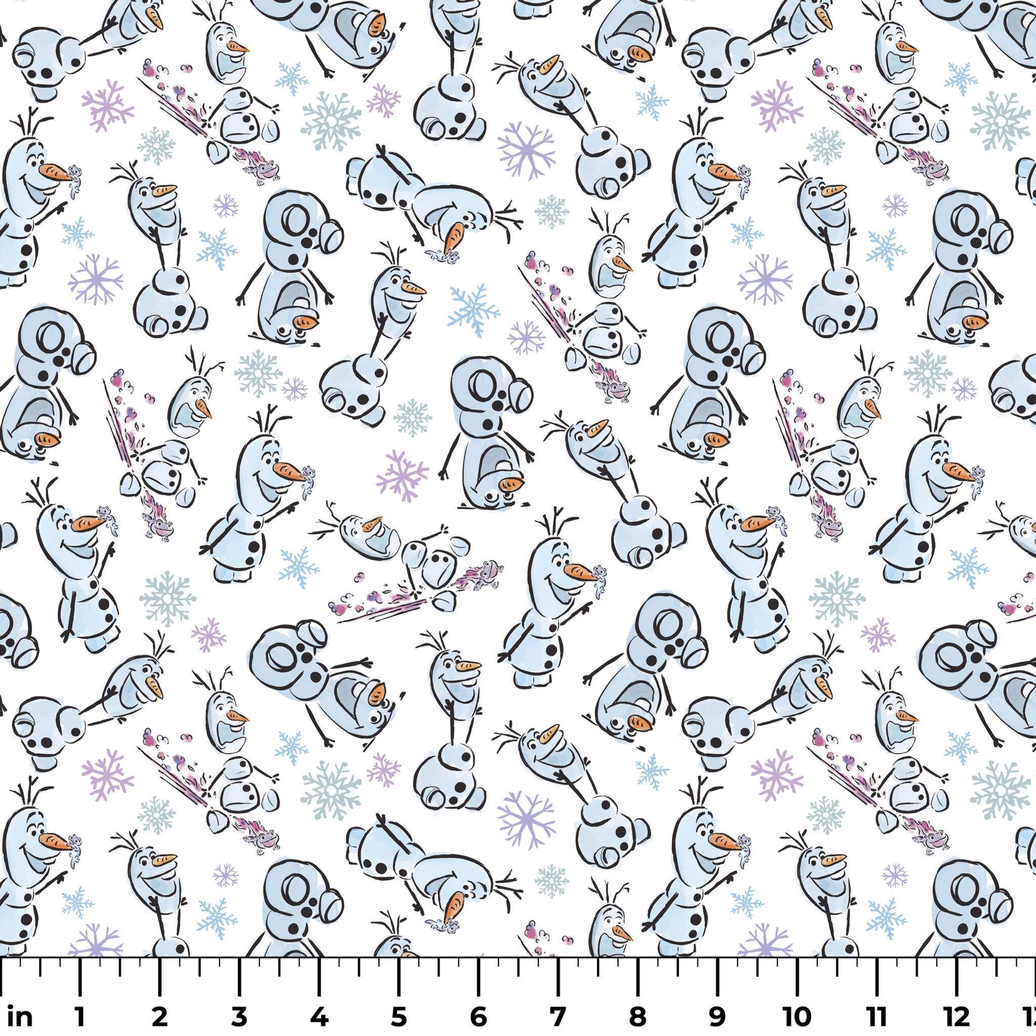 Cartoon snowman characters with carrots noses scattered on light blue background with snowflakes ruler