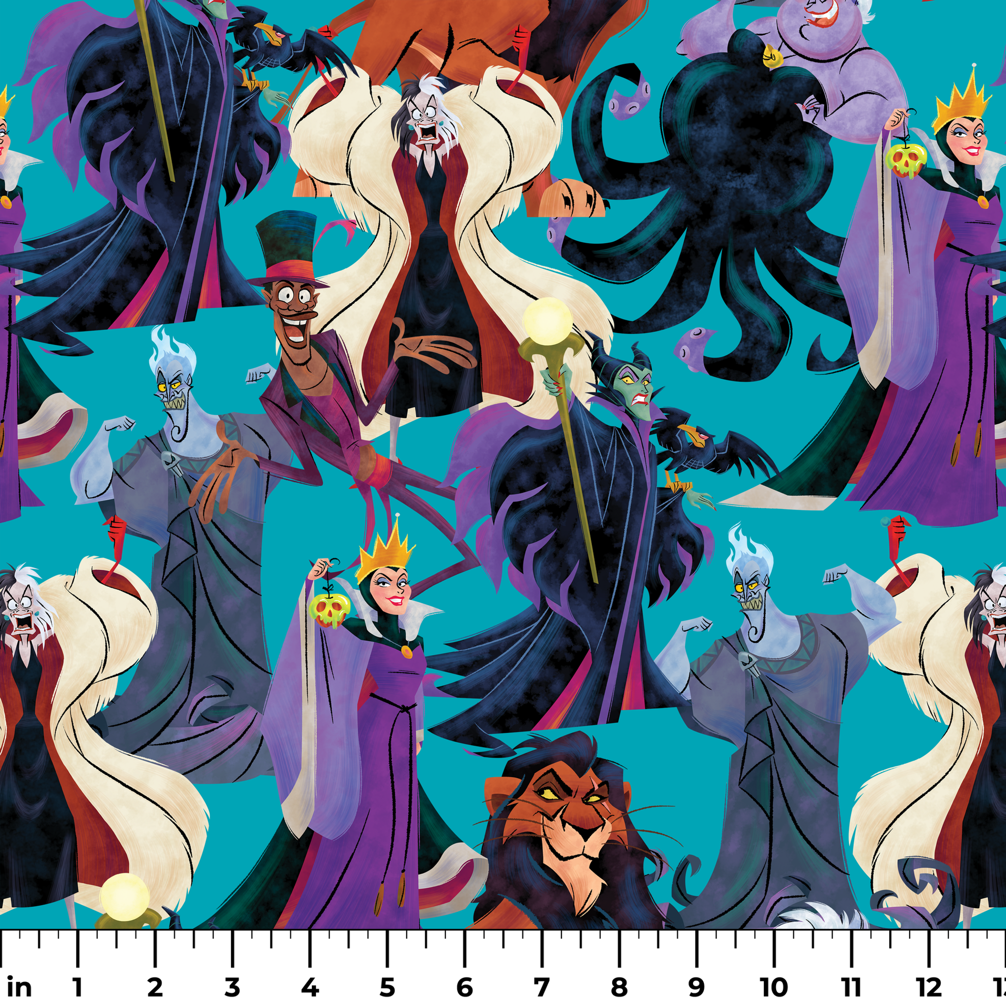 Disney Villains like Ursula, Maleficent, and Hades on a turquoise background in a colorful character pattern. ruler