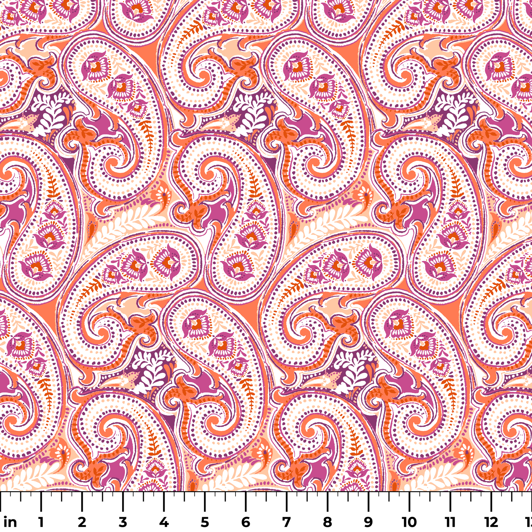 Vibrant paisley pattern in orange, pink and purple with swirling teardrop motifs and ornate details ruler