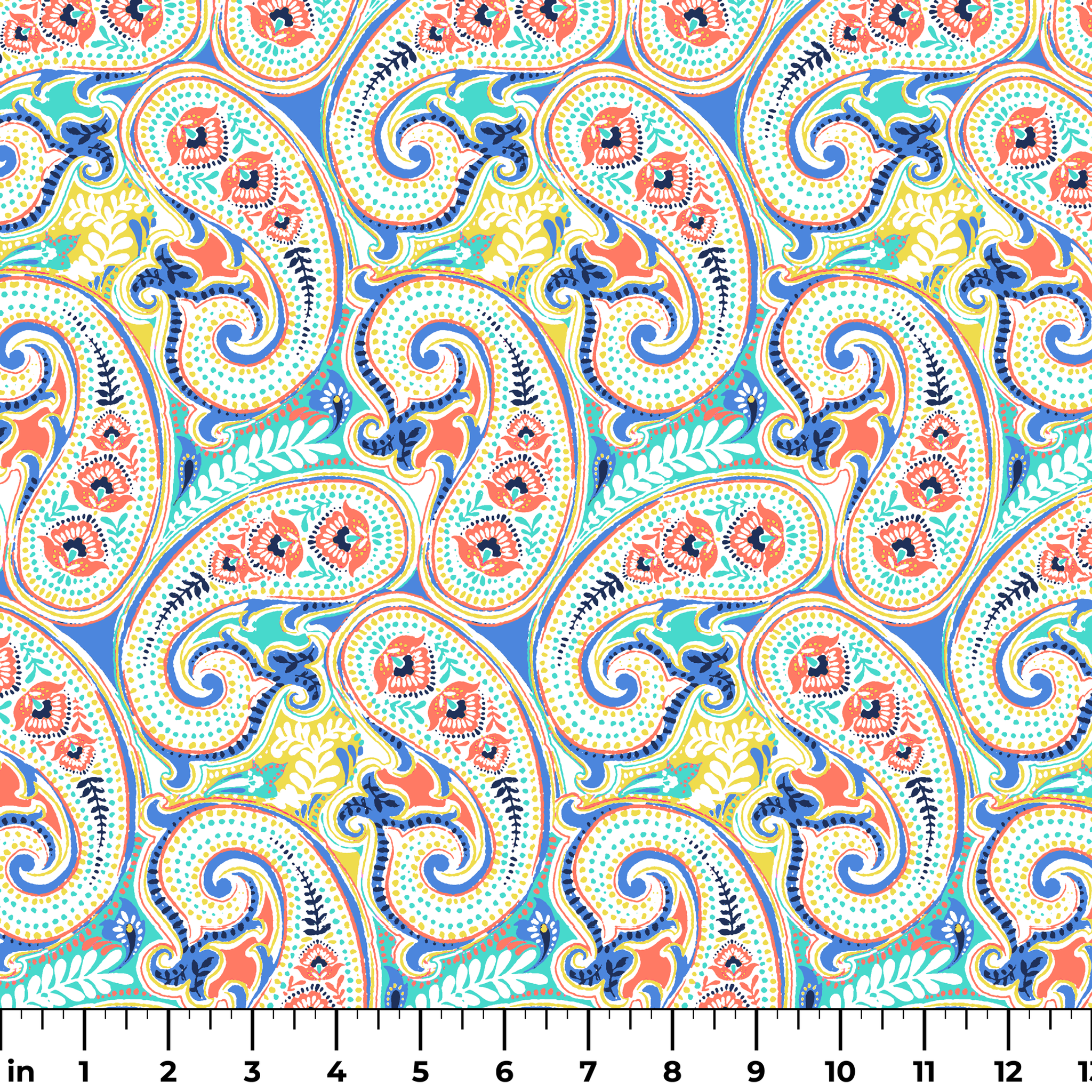 Vibrant blue, yellow and red paisley pattern with swirling decorative motifs and curved shapes ruler