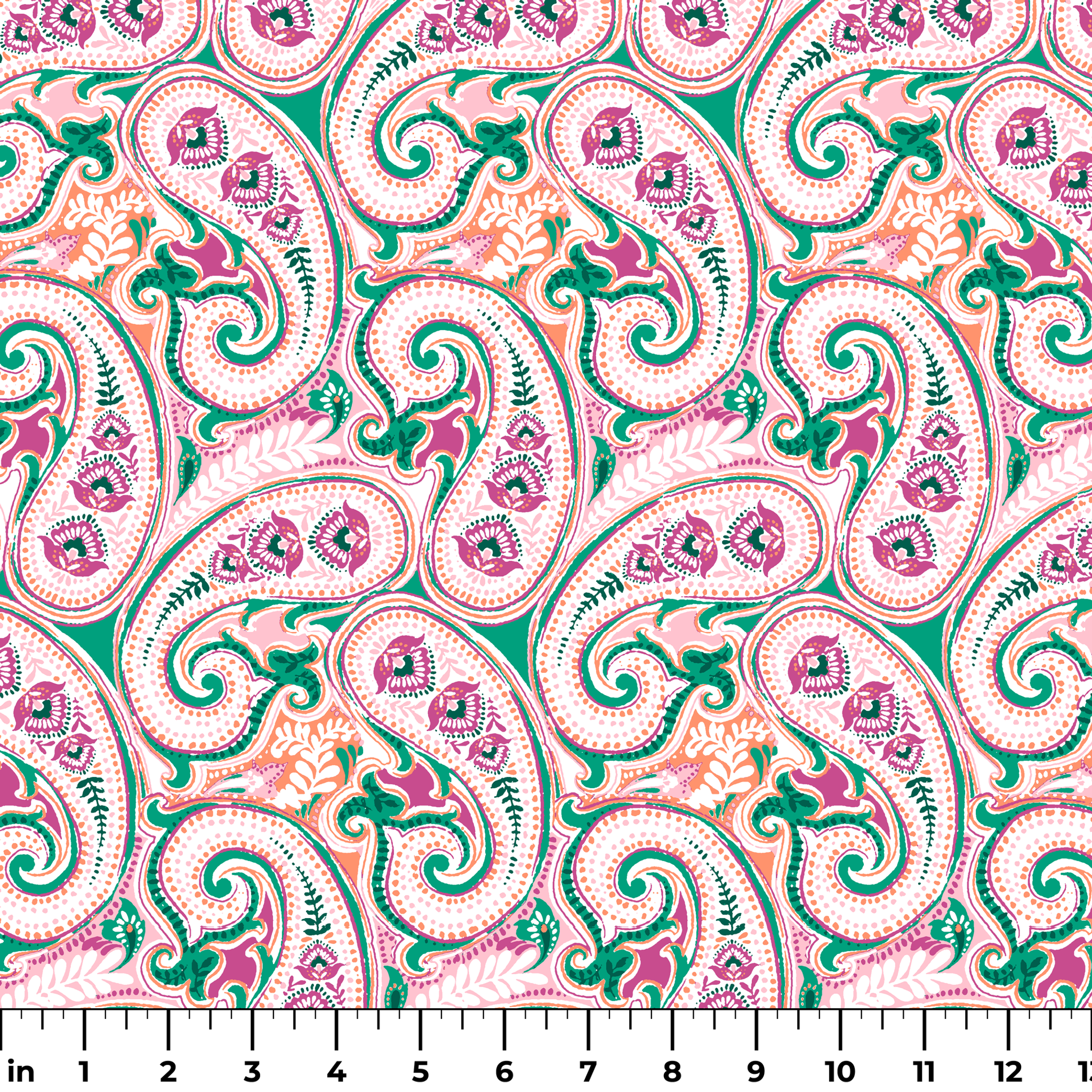 Colorful paisley pattern with swirling teardrop shapes in pink, green, and orange on light background ruler