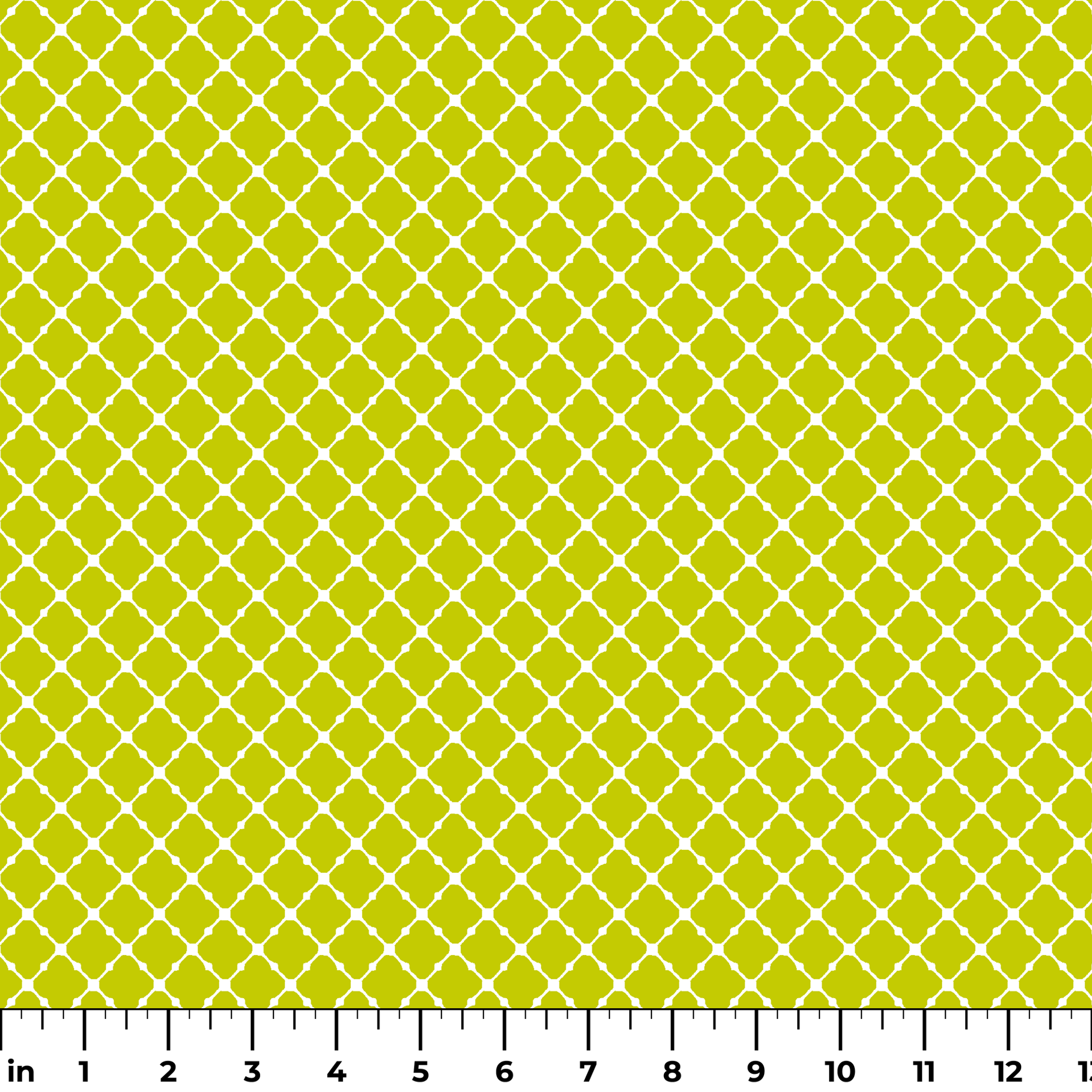 Chartreuse green quatrefoil pattern on white background, forming a geometric lattice design ruler