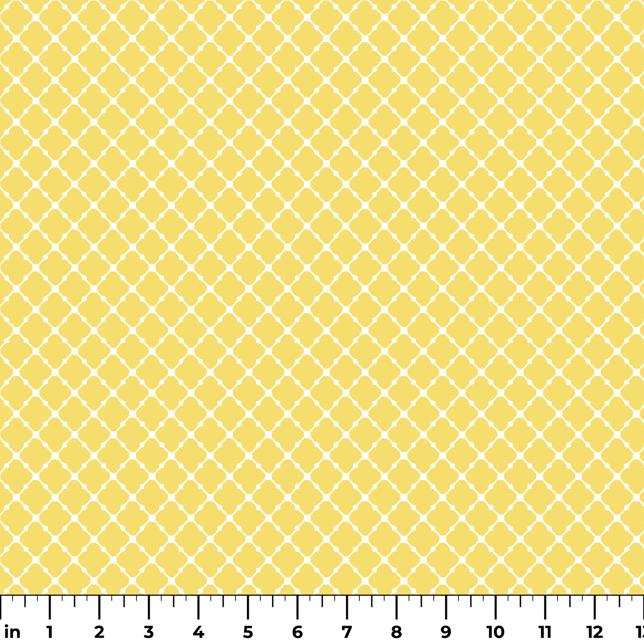 Yellow quatrefoil pattern on white background with Moroccan tile inspired design ruler