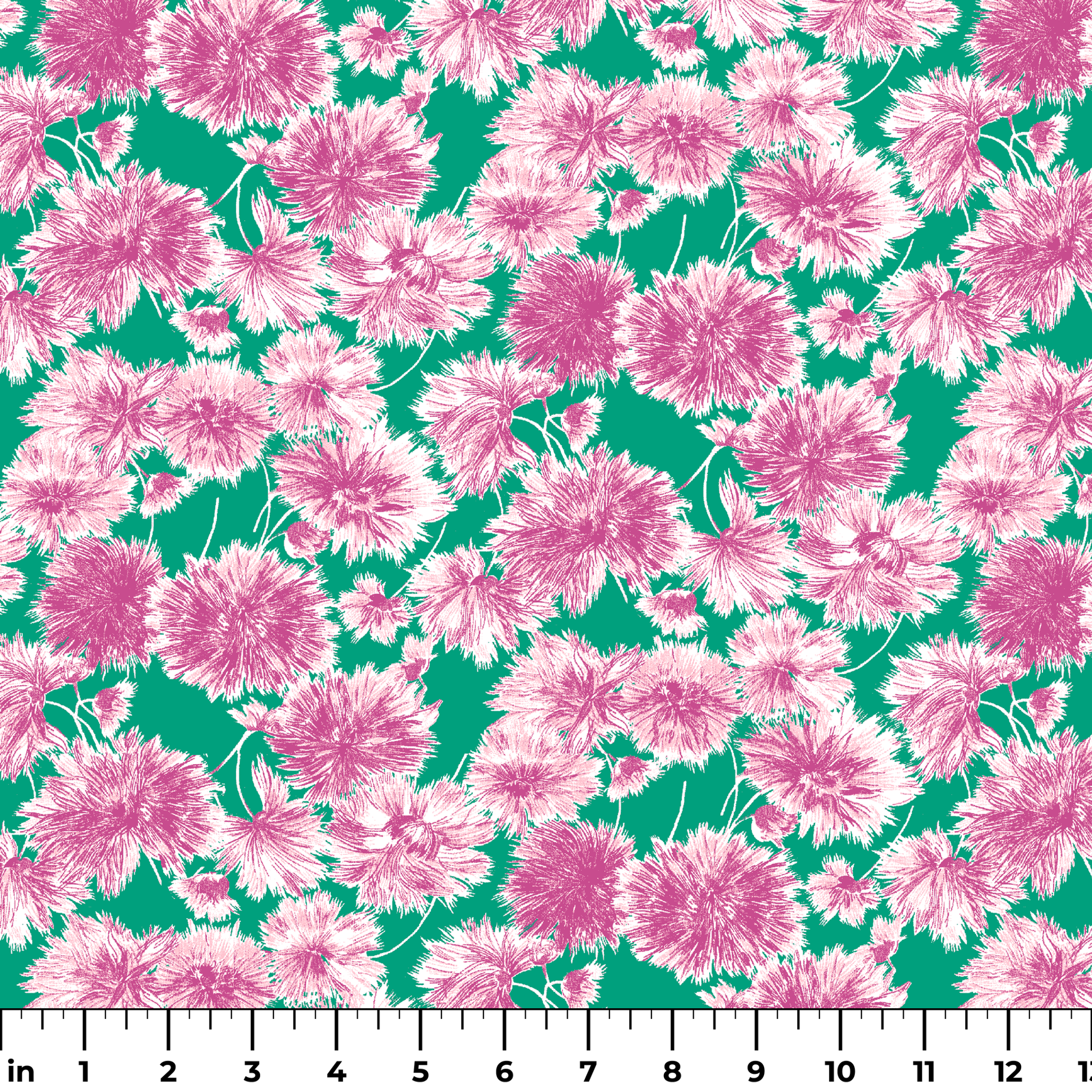 Pink and purple carnation flowers scattered on a green background in a repeating floral pattern ruler