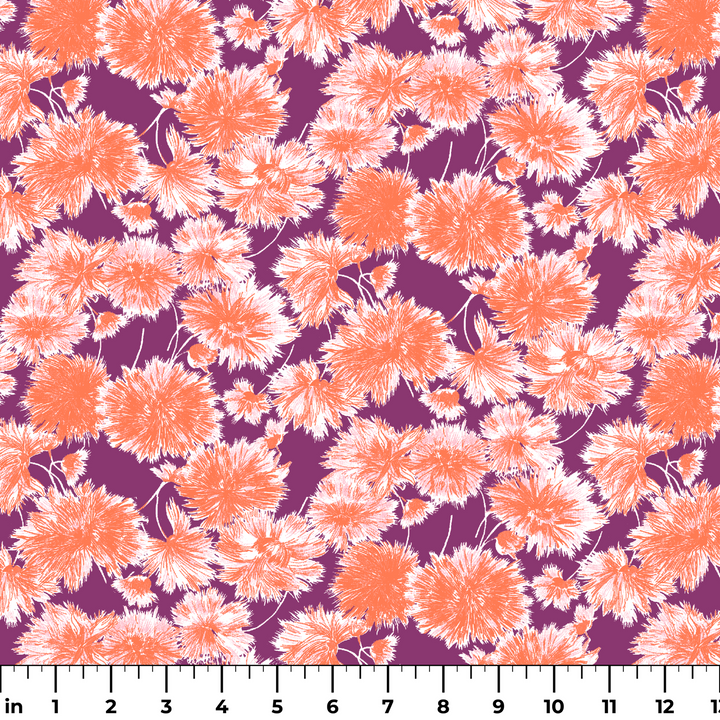 Vibrant floral pattern with orange and white chrysanthemum-like blooms on deep purple background ruler