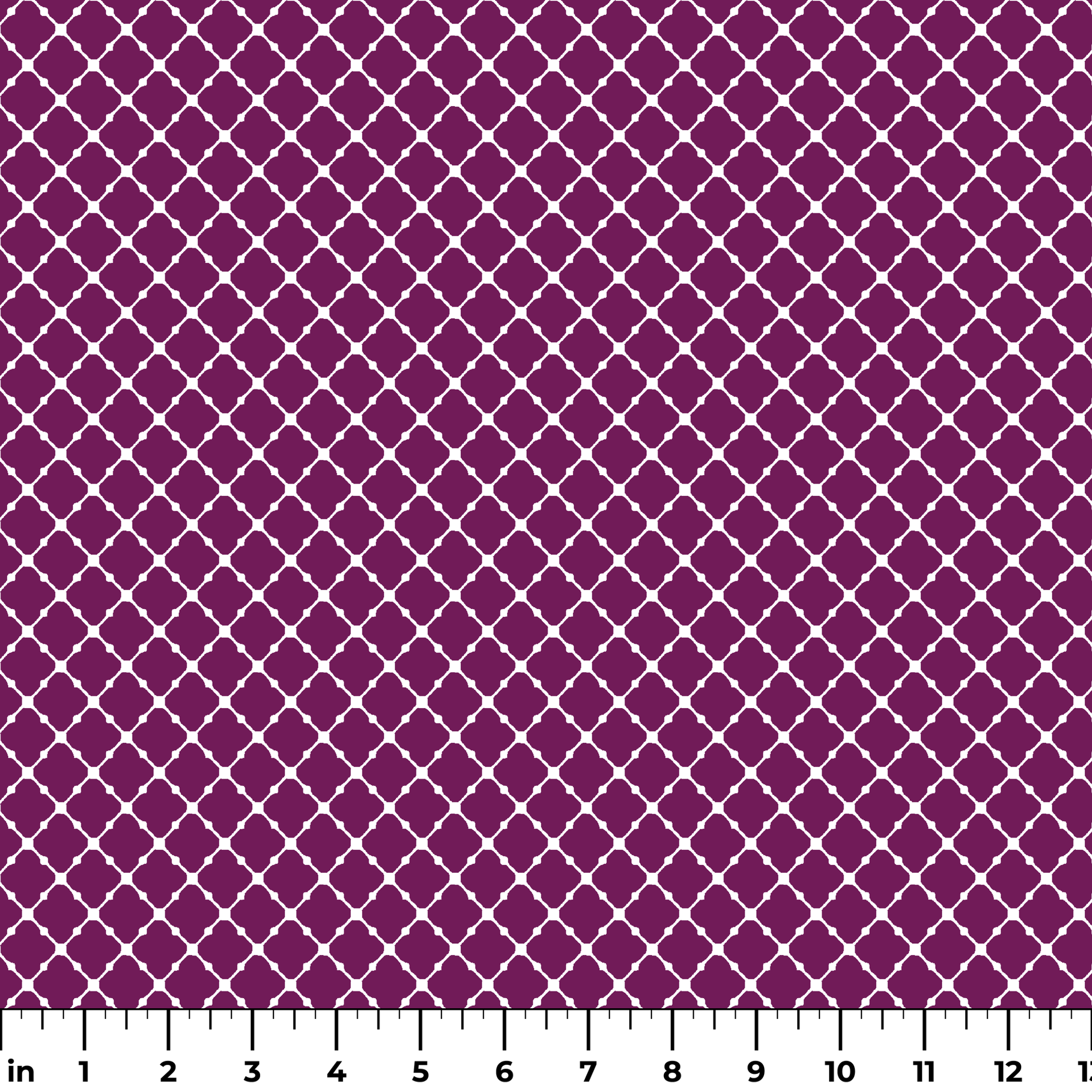 Plum quatrefoil pattern with white lattice outline on deep plum background ruler