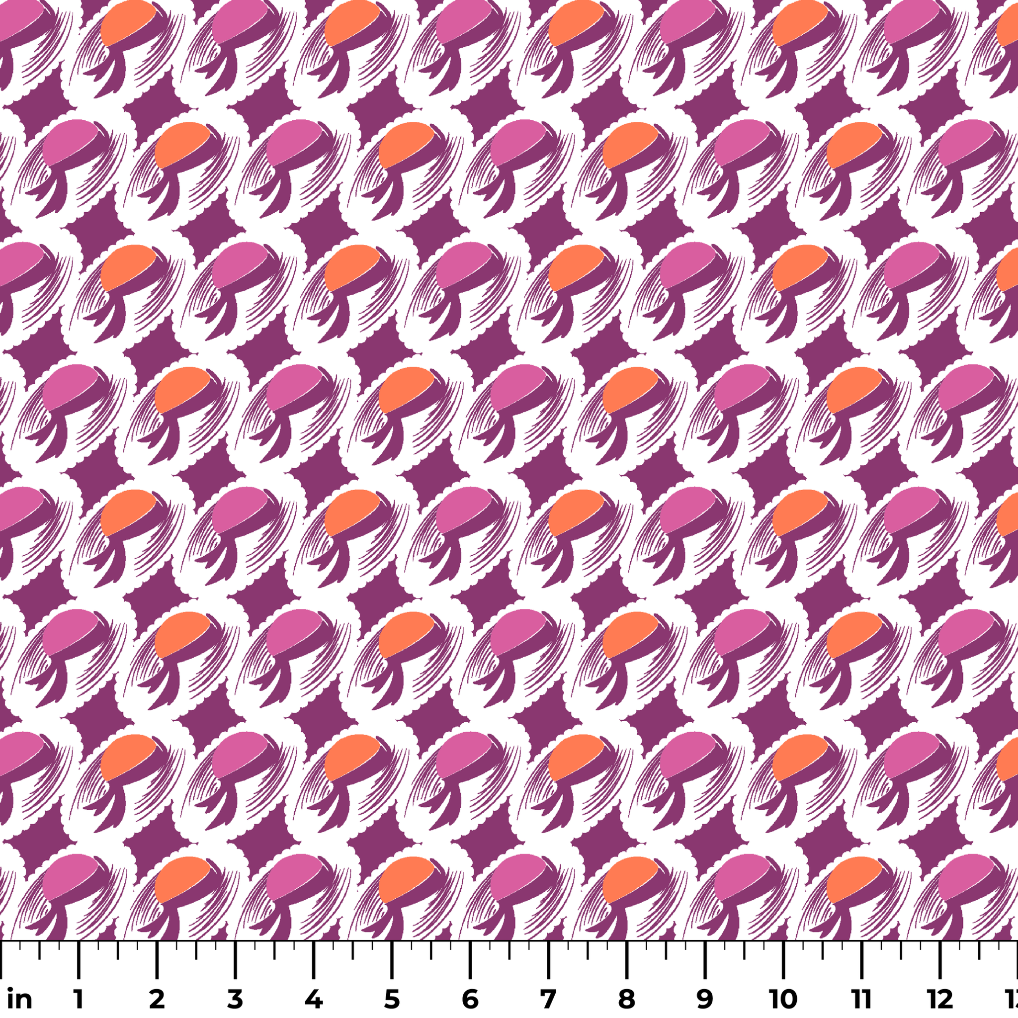 Abstract pattern with purple and orange oval shapes with flowing brush strokes on white background ruler