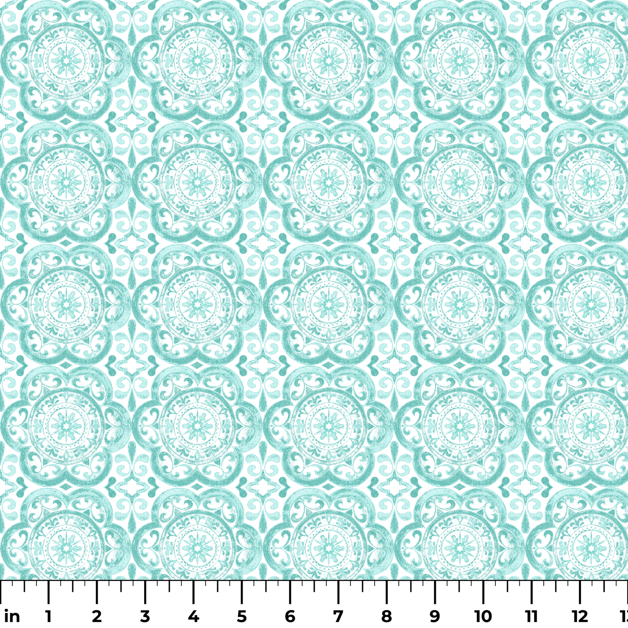 Teal medallion tile-inspired design with intricate floral and scroll details by Nicole Tamarin, from the Squeeze the Day collection. ruler