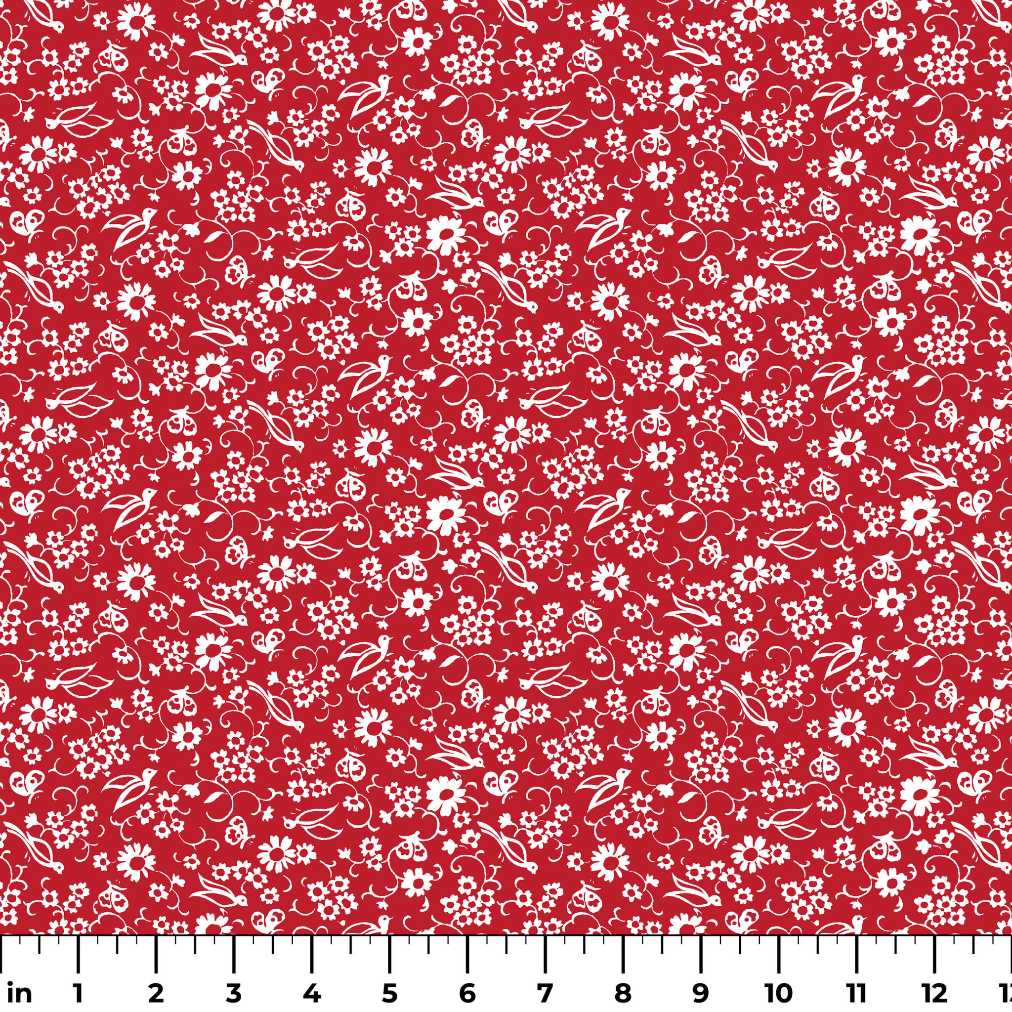 White floral and bird silhouette pattern on a bright red background. ruler