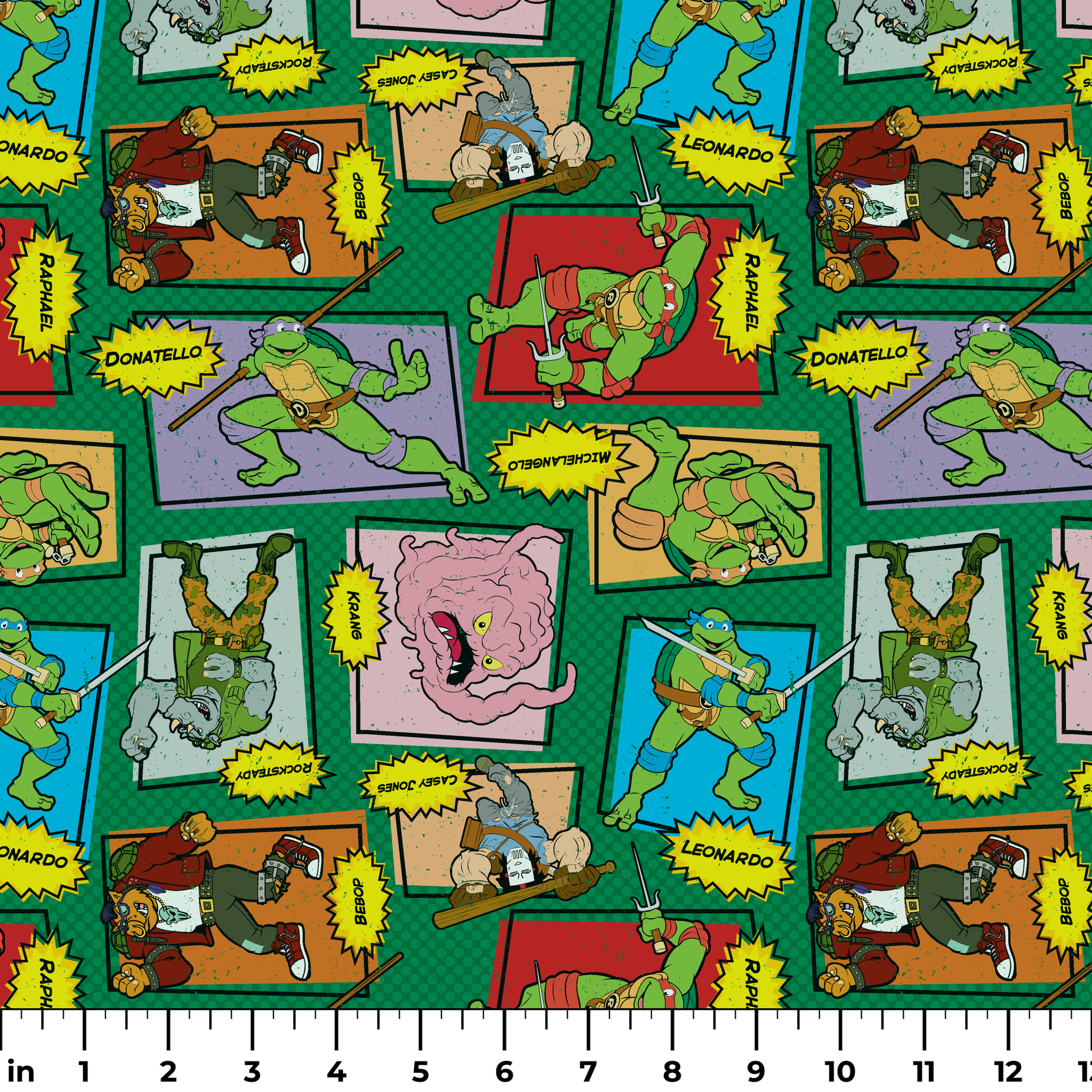 Retro Teenage Mutant Ninja Turtles comic print with turtles, villains, and action words in colorful panels. ruler