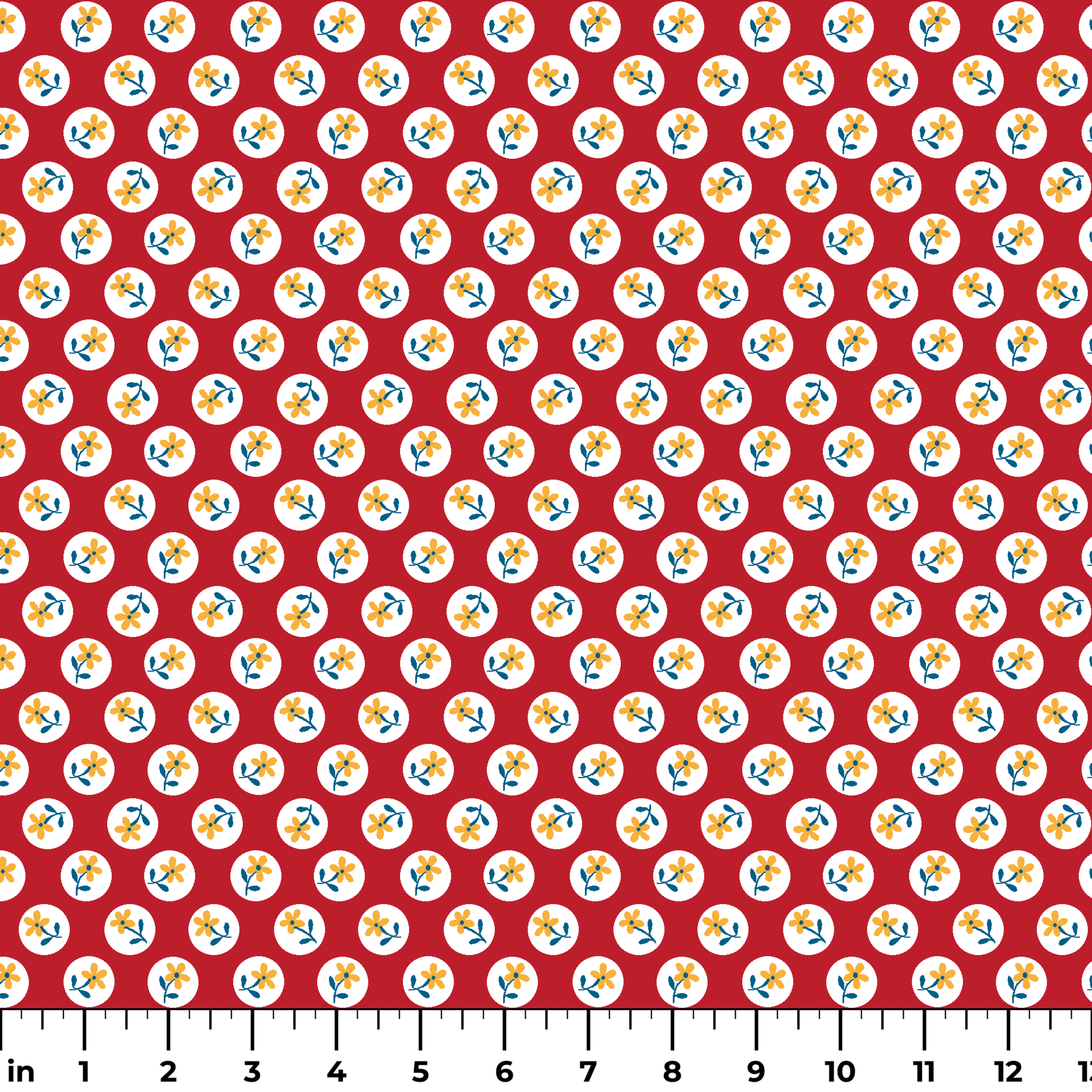 Yellow flowers with blue stems on white circles against red background in repeating pattern ruler