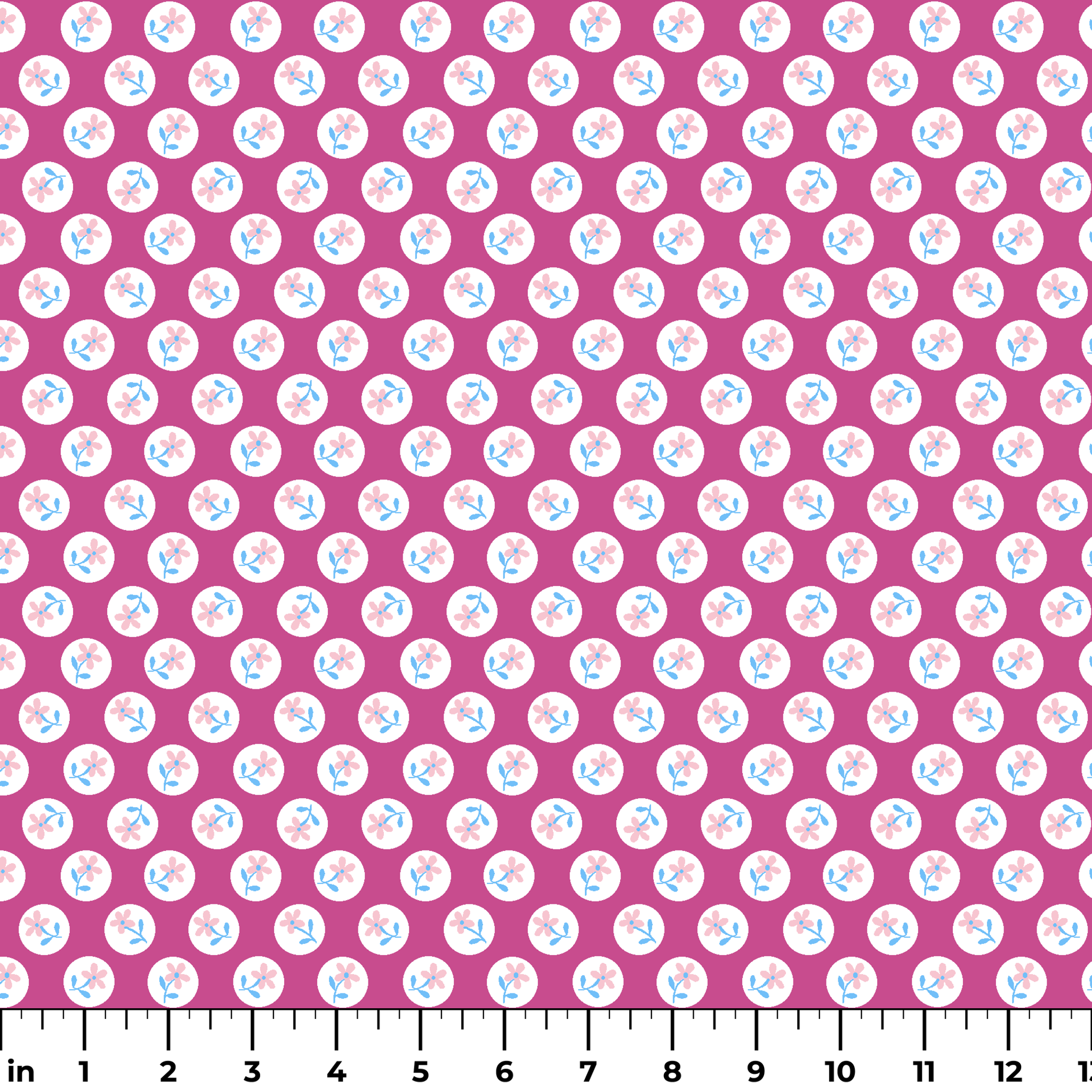 White circular dots with pink flowers and blue leaves pattern on vibrant magenta background ruler