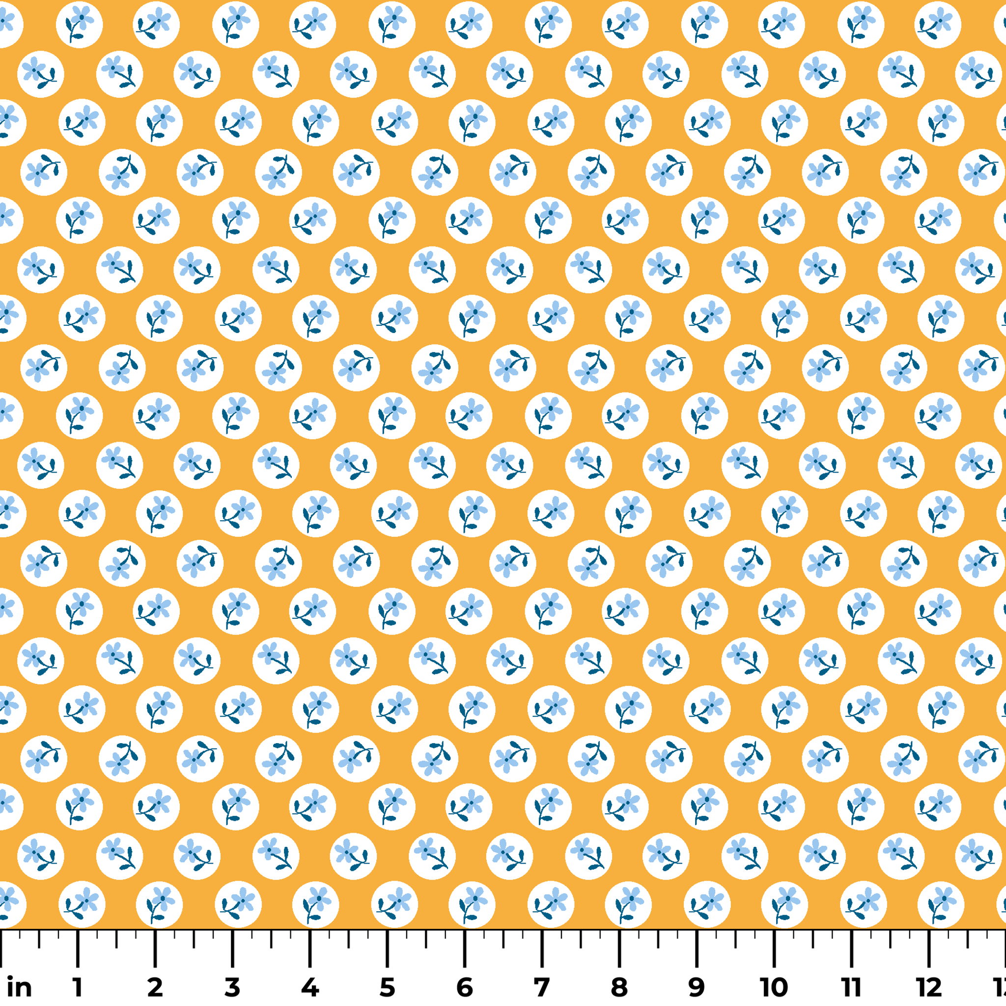 Light blue flowers with navy stems in white circles on a mustard yellow background ruler