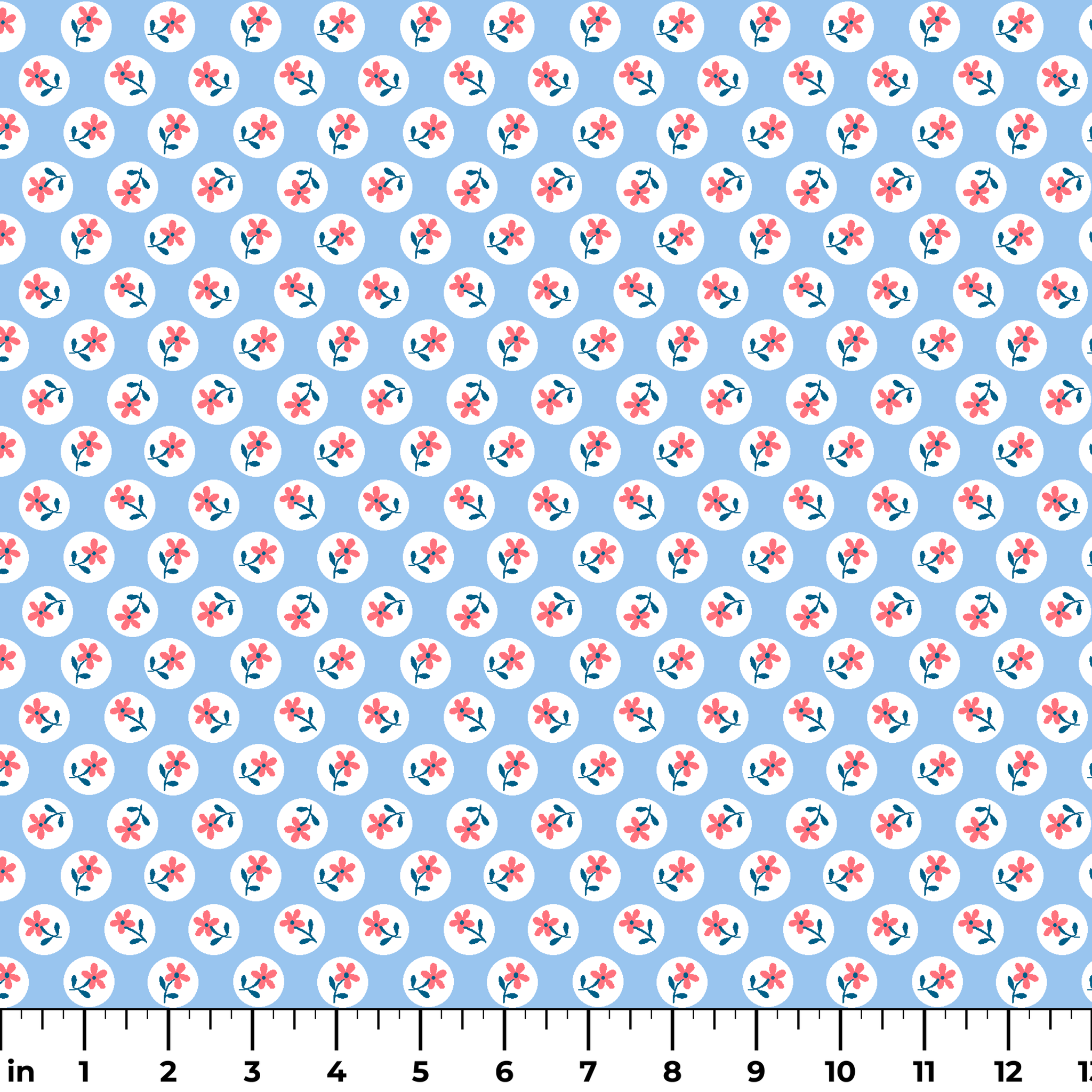 Pink flowers with blue-green stems in white circles on pale blue background, repeating pattern ruler