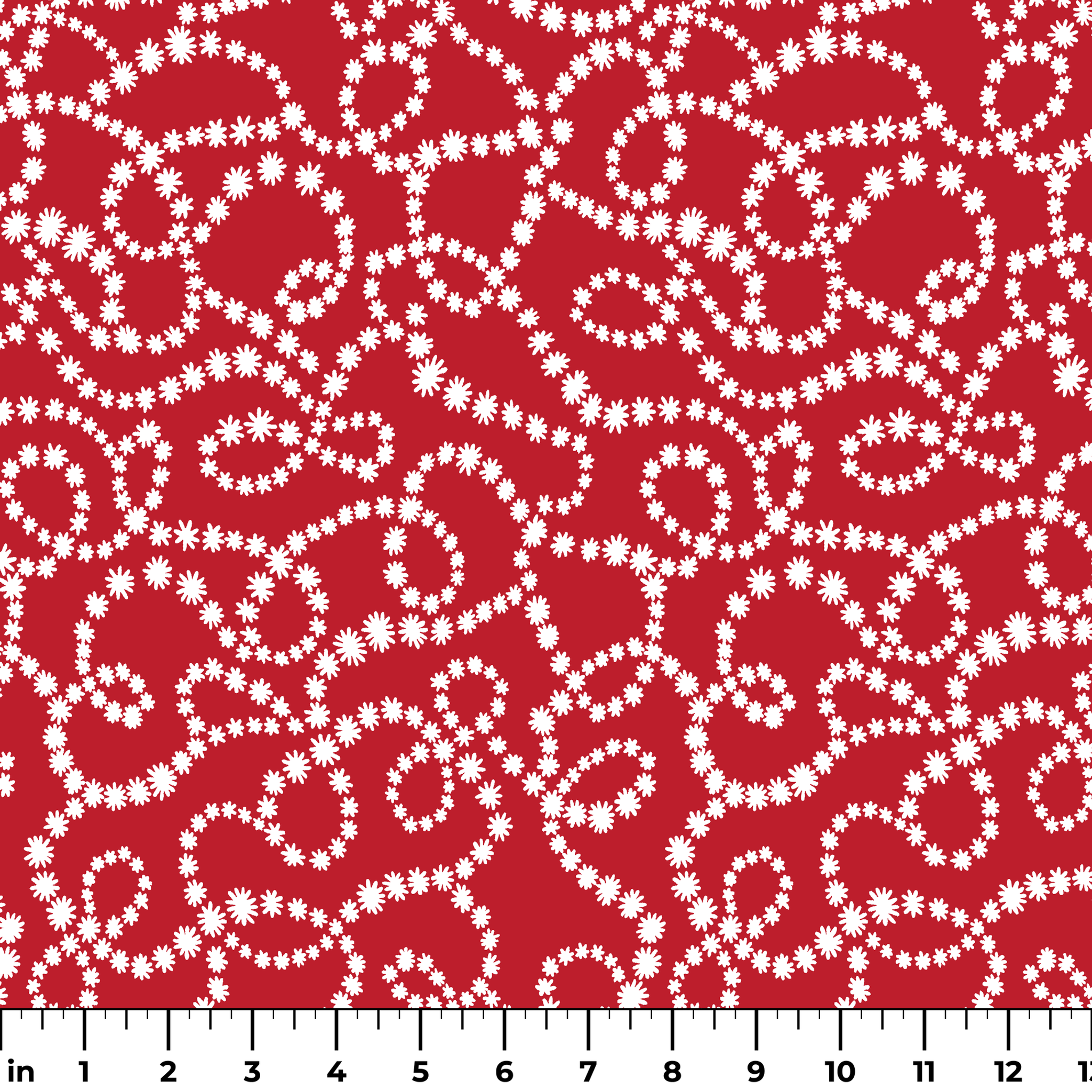 White dotted swirl pattern on rich red background creating decorative curving lines ruler