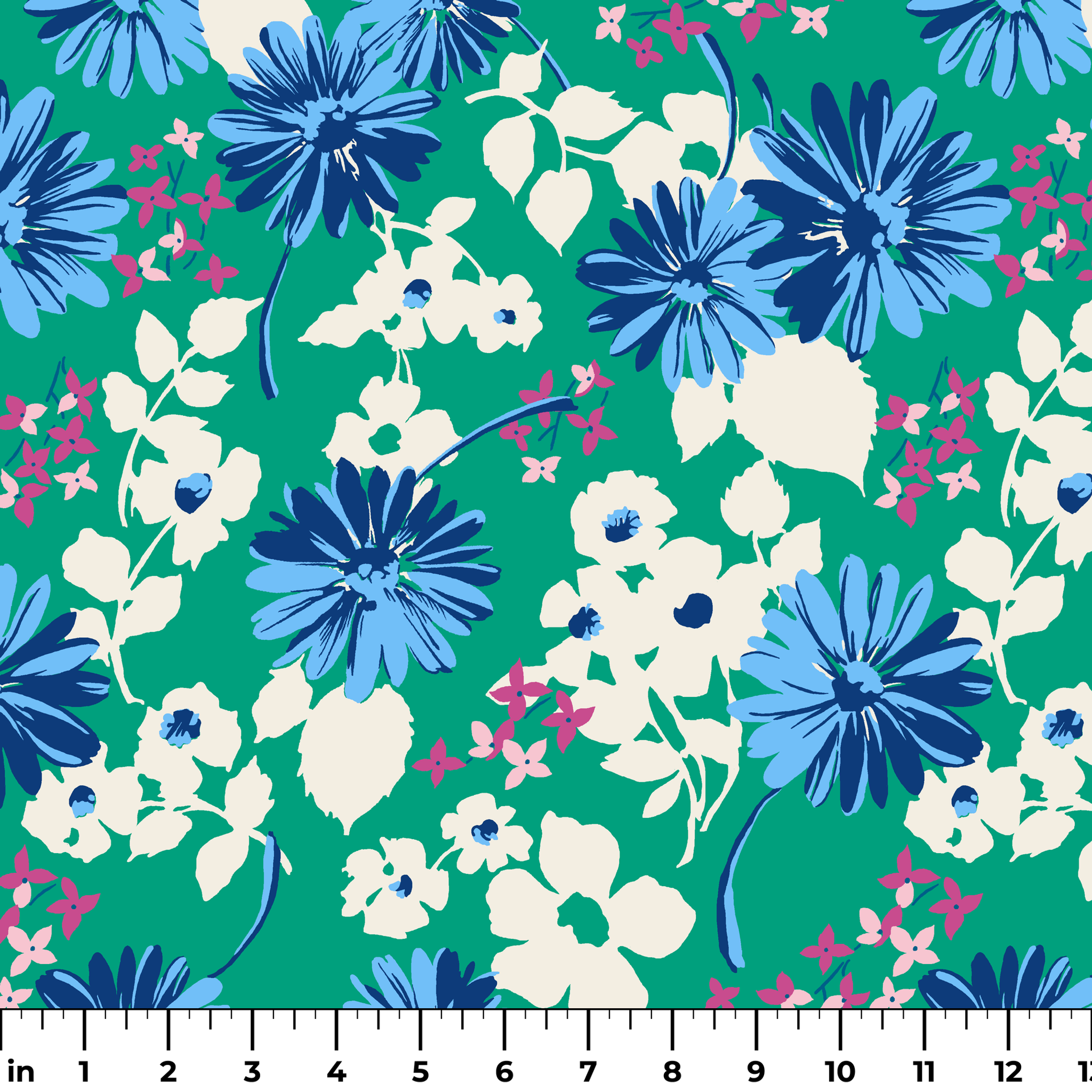 Vibrant floral pattern with blue spiky flowers and white blooms on a green background ruler