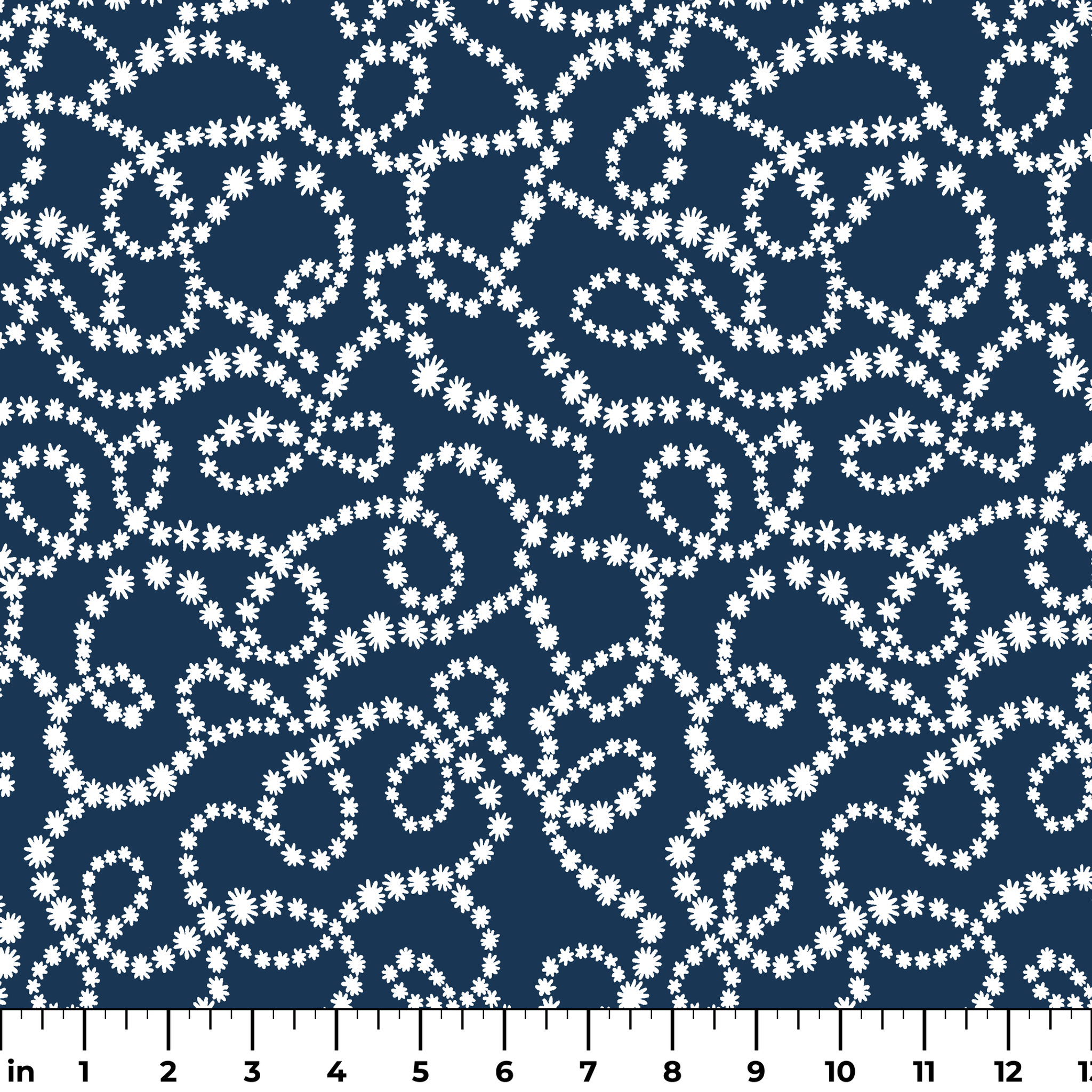 Navy blue background with swirling white dotted patterns creating circular and flowing designs ruler