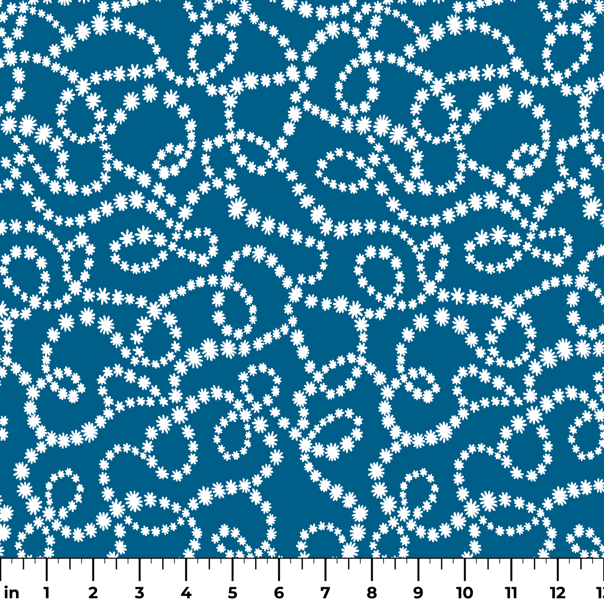 Dotted white swirling patterns on deep teal blue background creating abstract curved designs ruler