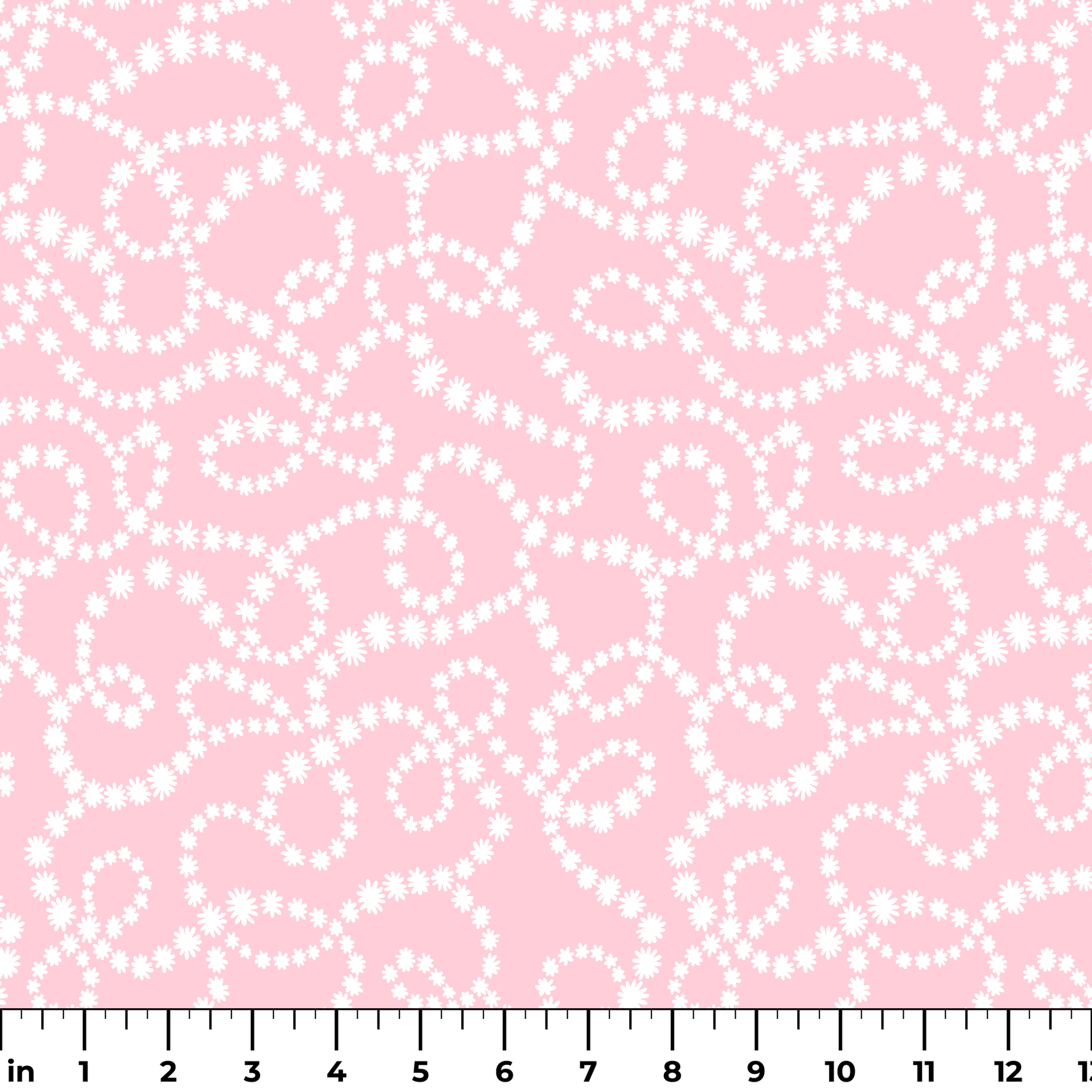 Baby pink background with white dotted swirling pattern creating delicate curved lines and loops ruler