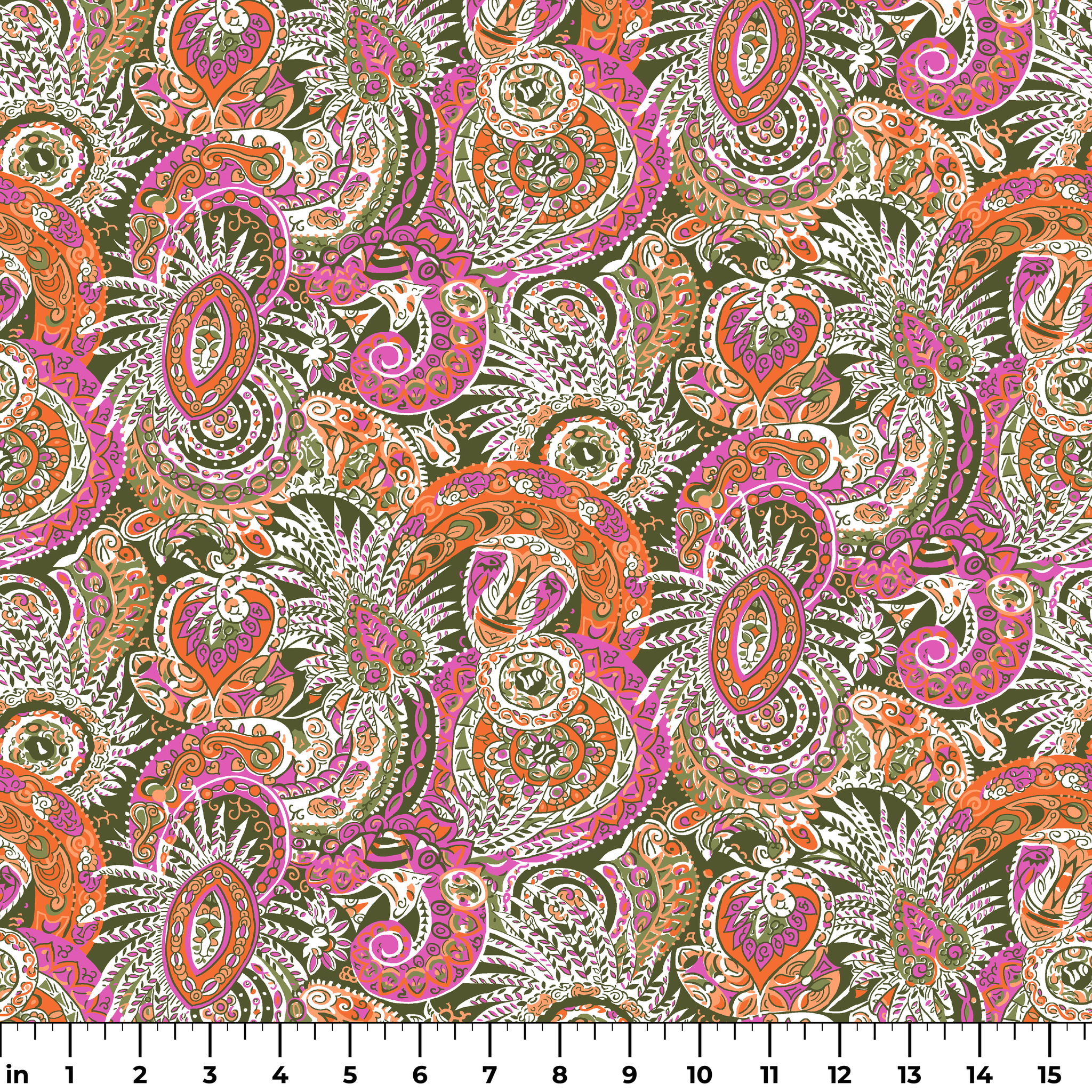 Vibrant paisley pattern with swirling designs in pink, orange, yellow and white on textured background ruler