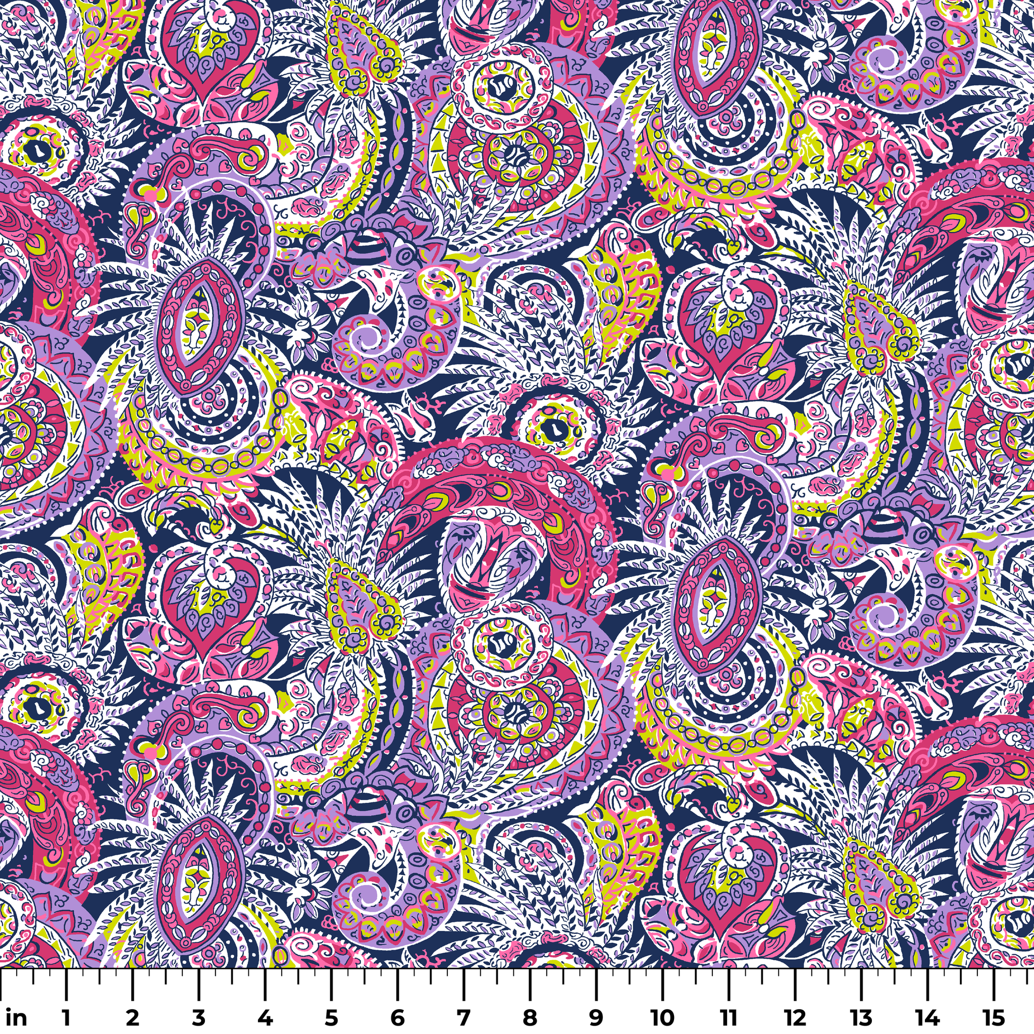 Vibrant paisley pattern in pink, purple, yellow, and blue with intricate swirling designs ruler