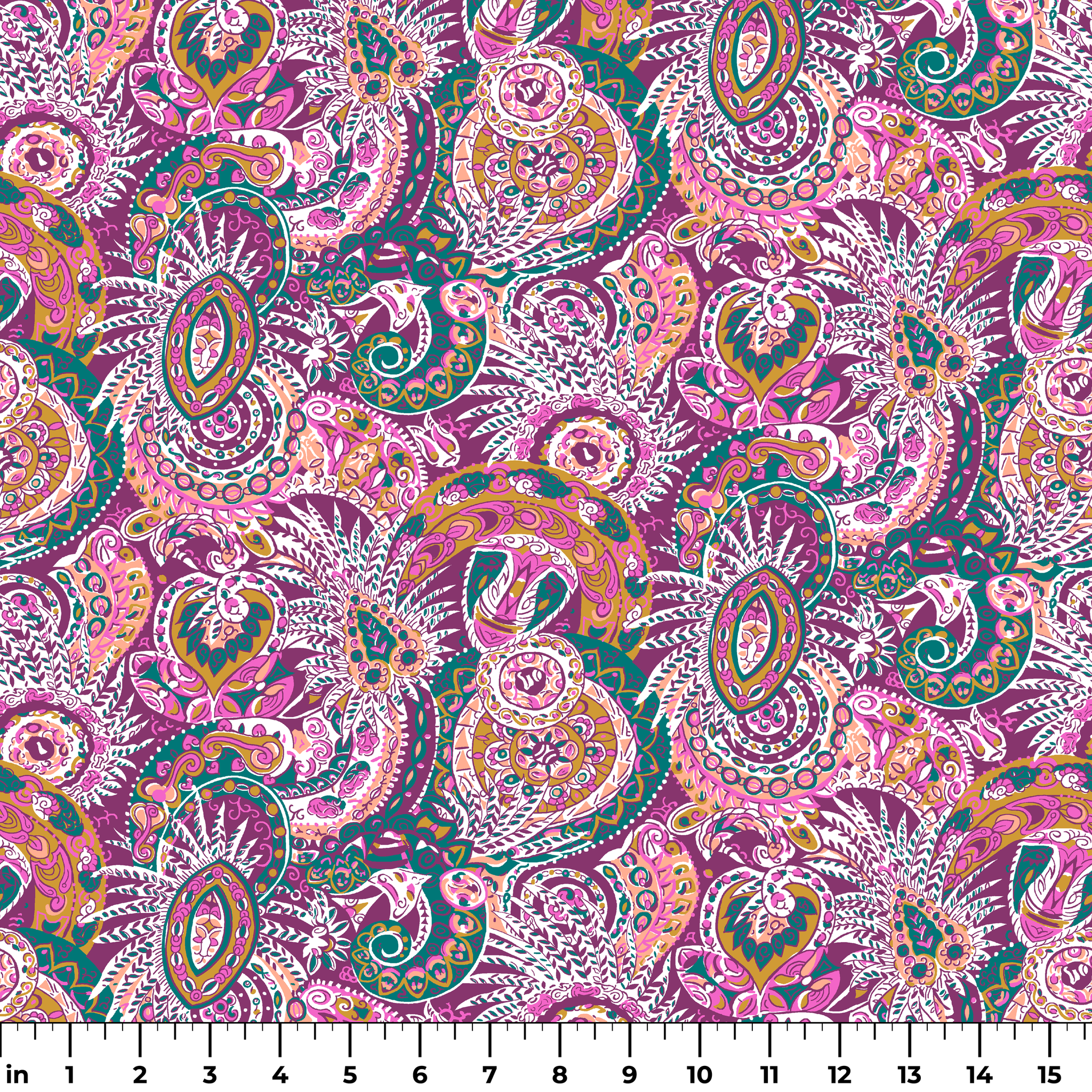 Colorful paisley pattern with intricate swirls in purple, pink, orange, and teal tones ruler