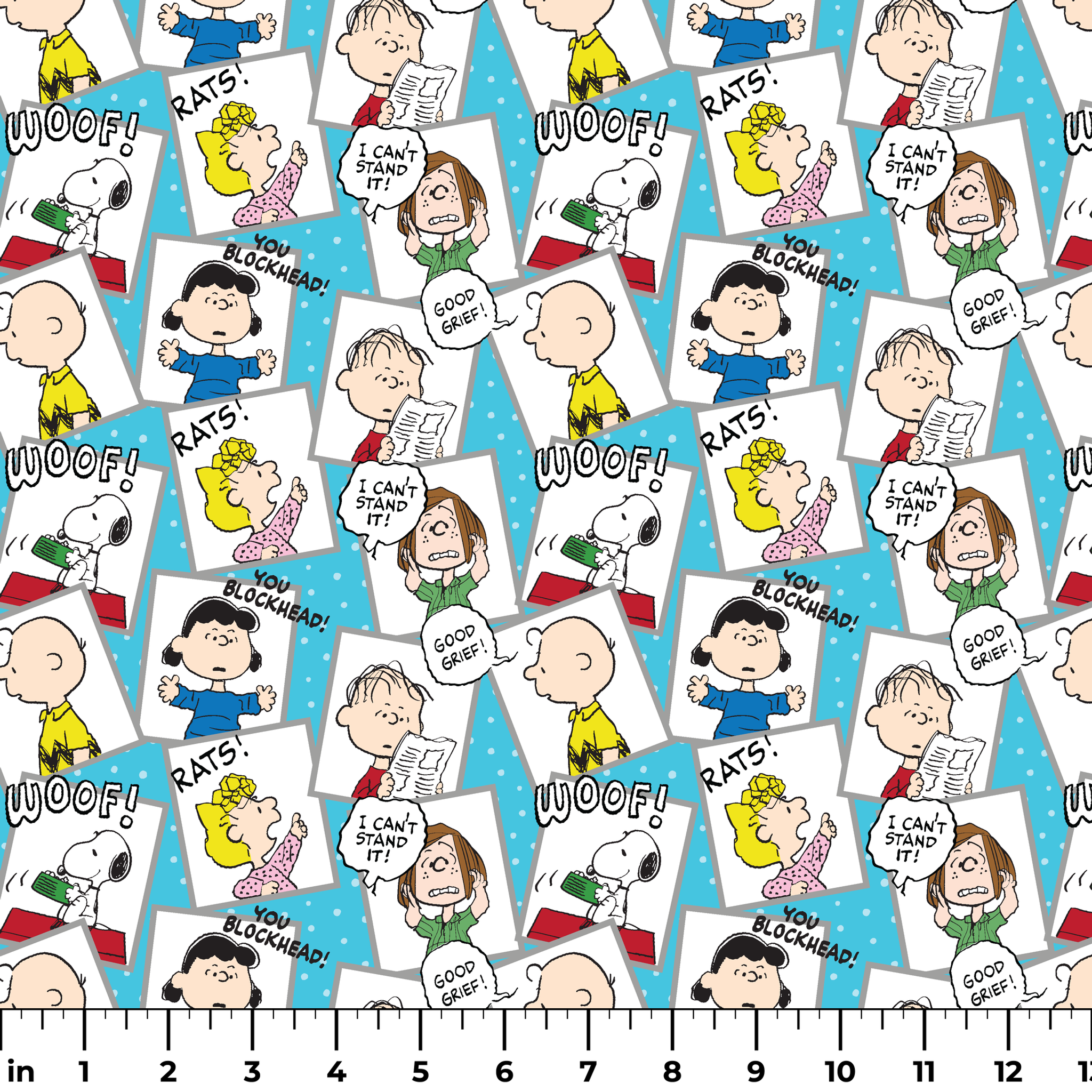 Peanuts comic characters in various expressions - Snoopy saying "WOOF!", speech bubbles with "RATS!", "I CAN'T STAND IT!", "YOU BLOCKHEAD!" and "GOOD GRIEF! ruler