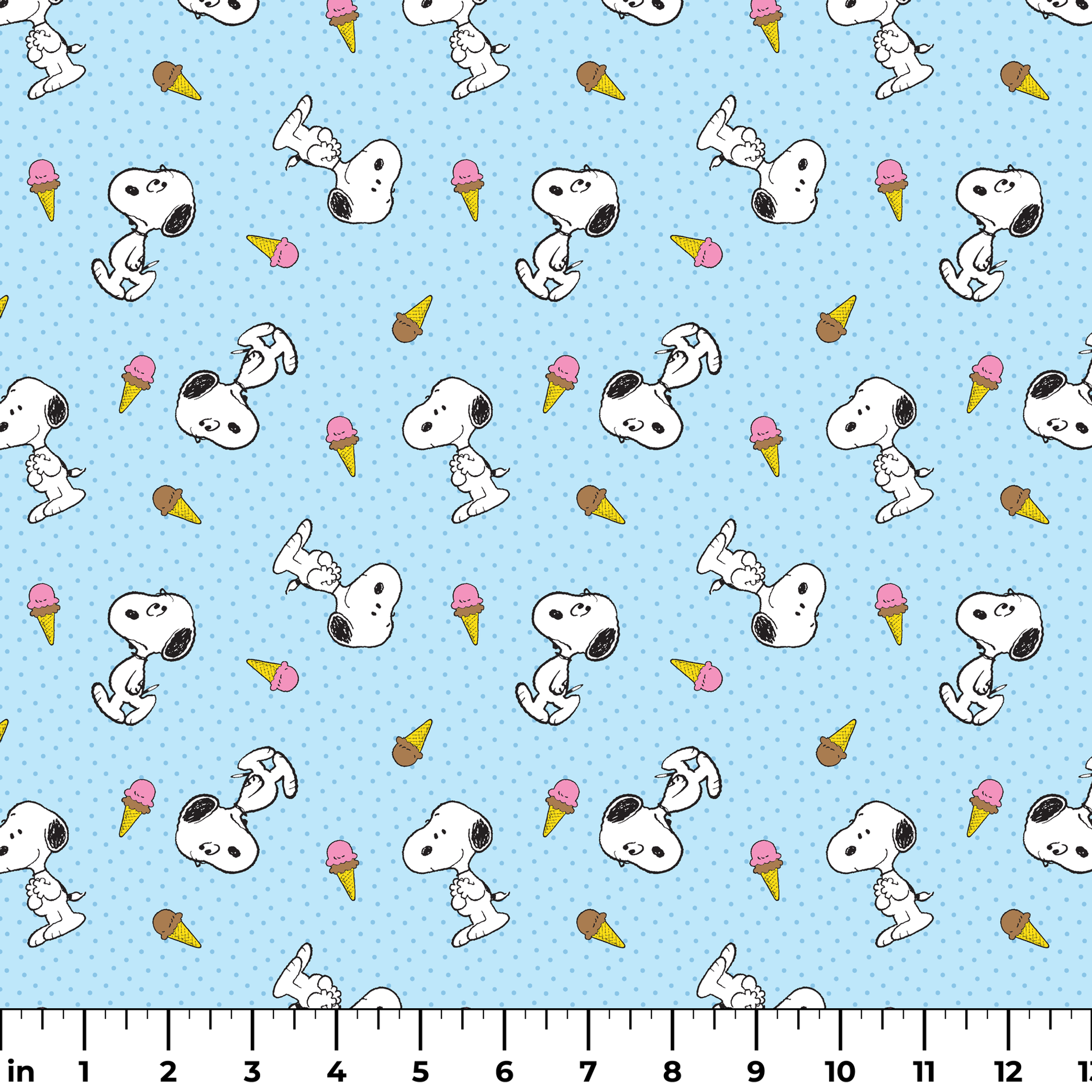 Snoopy pattern on light blue background with ice cream cones and small white dots ruler